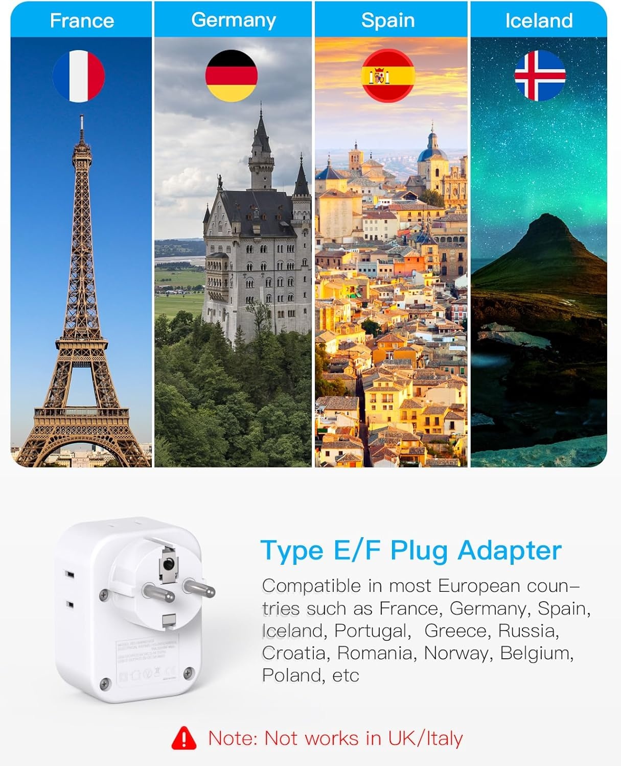 image:image2 Pack European Travel Plug Adapter HANYCONY International Power Adapter 4 Outlets 4 USB C Ports 2 USB C Foldable Type C Adapter for US to Most Europe EU Italy Spain Greece Portugal France GermanyType EF Germany France