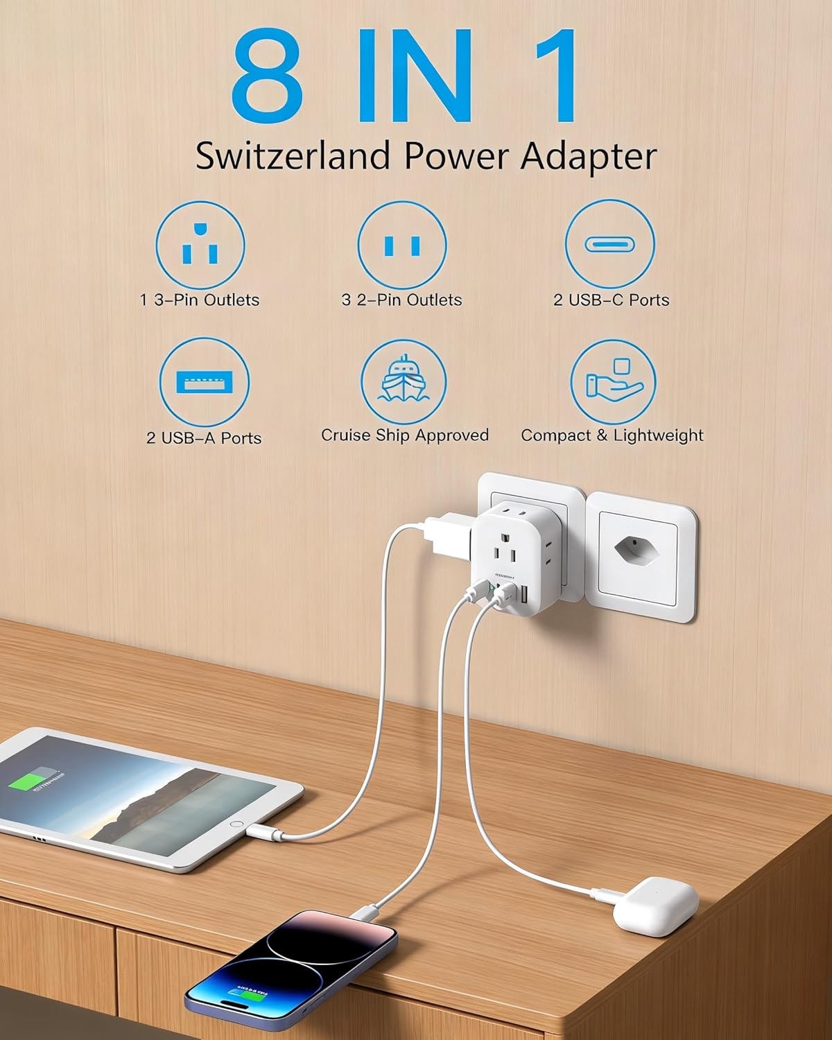 image:image2 Pack European Travel Plug Adapter HANYCONY International Power Adapter 4 Outlets 4 USB C Ports 2 USB C Foldable Type C Adapter for US to Most Europe EU Italy Spain Greece Portugal France GermanyType J Switzerland