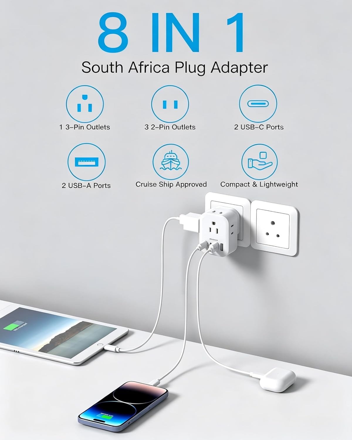 image:image2 Pack European Travel Plug Adapter HANYCONY International Power Adapter 4 Outlets 4 USB C Ports 2 USB C Foldable Type C Adapter for US to Most Europe EU Italy Spain Greece Portugal France GermanyType M South Africa