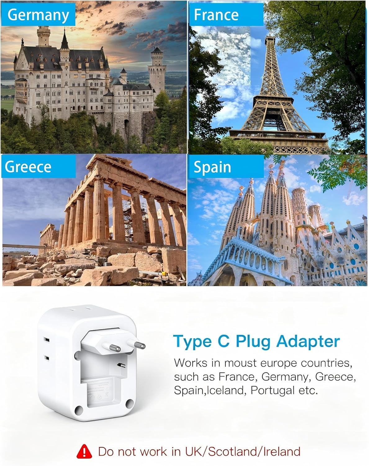 image:image2 Pack European Travel Plug Adapter HANYCONY International Power Adapter 4 Outlets 4 USB C Ports 2 USB C Foldable Type C Adapter for US to Most Europe EU Italy Spain Greece Portugal France GermanyType C Most of Europe
