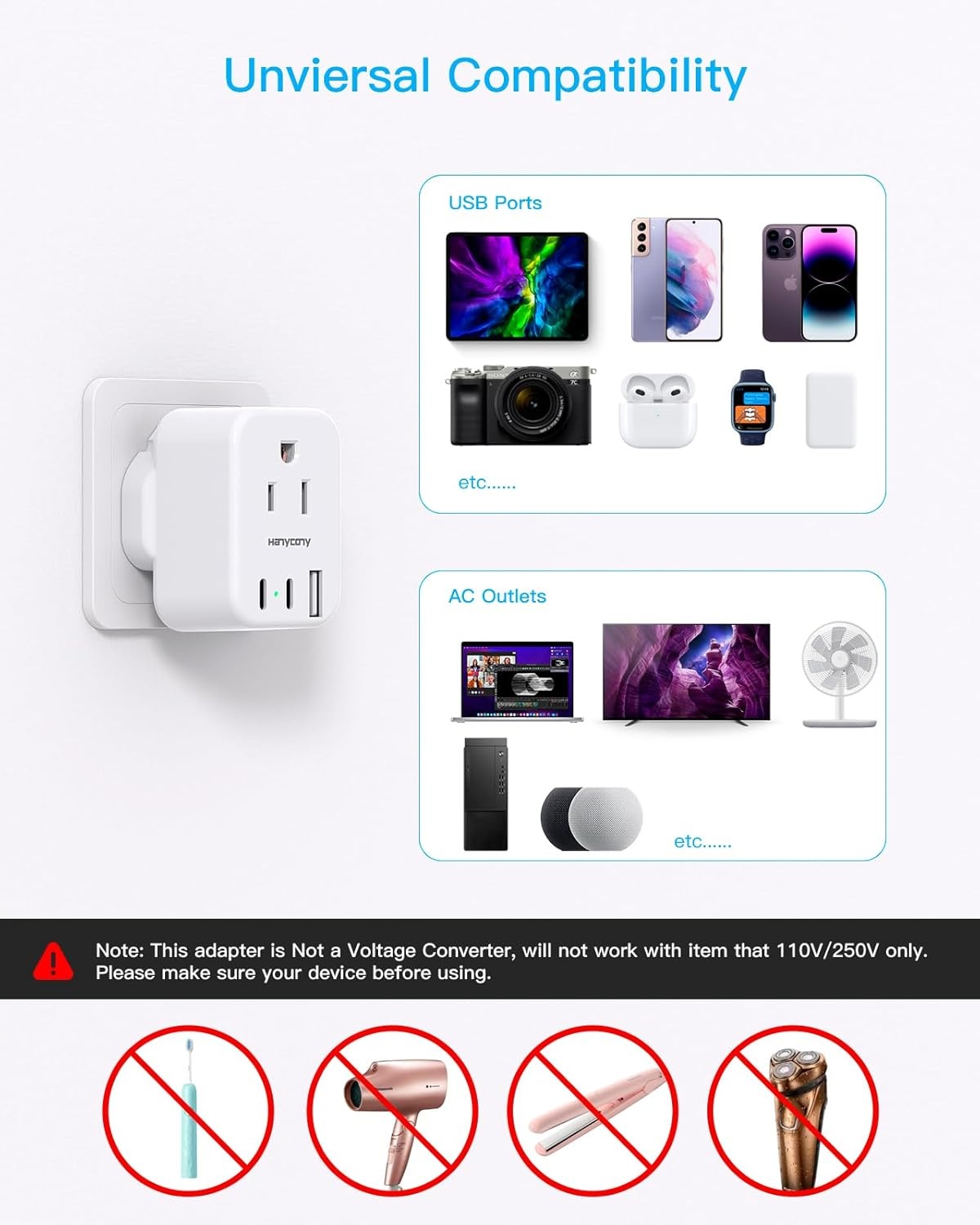 image:imageEuropean Travel Plug Adapter USB C HANYCONY International Plug Adapter US to Europe Adapter Plug 2 Outlets 3 USB Ports2 C Port Type C Power Adapter to Italy Spain France Portugal Iceland GermanyType G UK Ireland