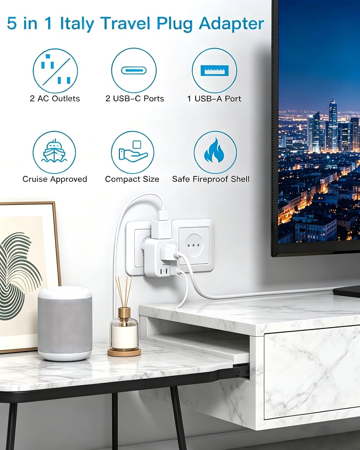image:imageEuropean Travel Plug Adapter USB C HANYCONY International Plug Adapter US to Europe Adapter Plug 2 Outlets 3 USB Ports2 C Port Type C Power Adapter to Italy Spain France Portugal Iceland GermanyType L Italy Chile
