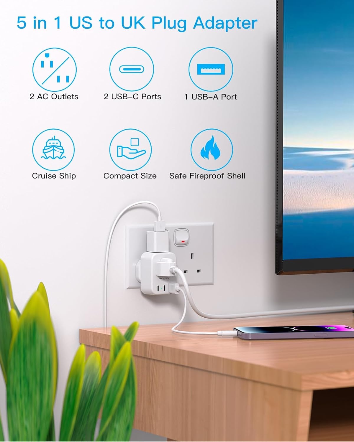 image:imageEuropean Travel Plug Adapter USB C HANYCONY International Plug Adapter US to Europe Adapter Plug 2 Outlets 3 USB Ports2 C Port Type C Power Adapter to Italy Spain France Portugal Iceland GermanyType G UK Ireland