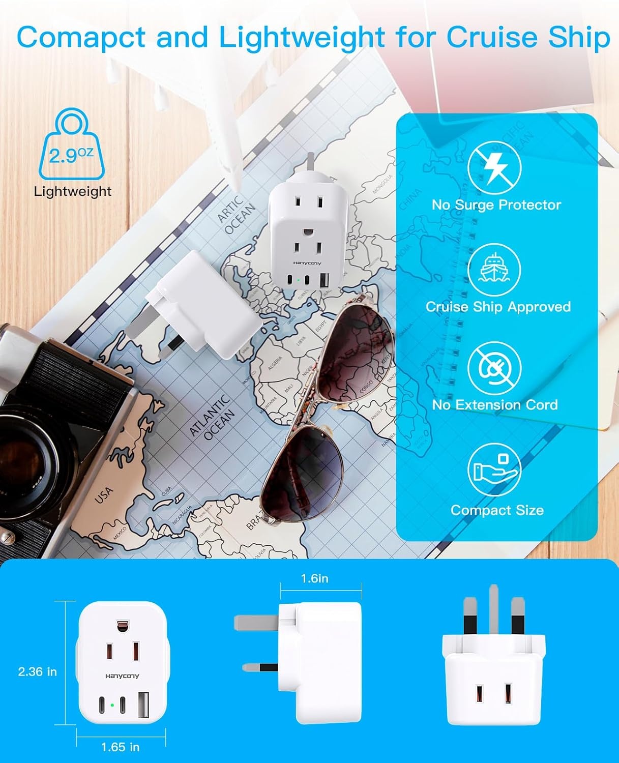 image:imageEuropean Travel Plug Adapter USB C HANYCONY International Plug Adapter US to Europe Adapter Plug 2 Outlets 3 USB Ports2 C Port Type C Power Adapter to Italy Spain France Portugal Iceland GermanyType G UK Ireland