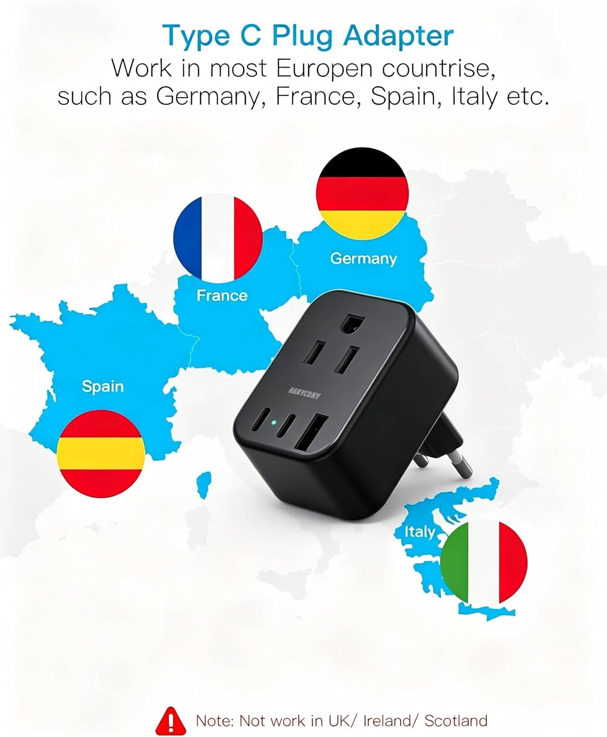 image:imageEuropean Travel Plug Adapter USB C HANYCONY International Plug Adapter US to Europe Adapter Plug 2 Outlets 3 USB Ports2 C Port Type C Power Adapter to Italy Spain France Portugal Iceland GermanyType C Most of EuropeBlack