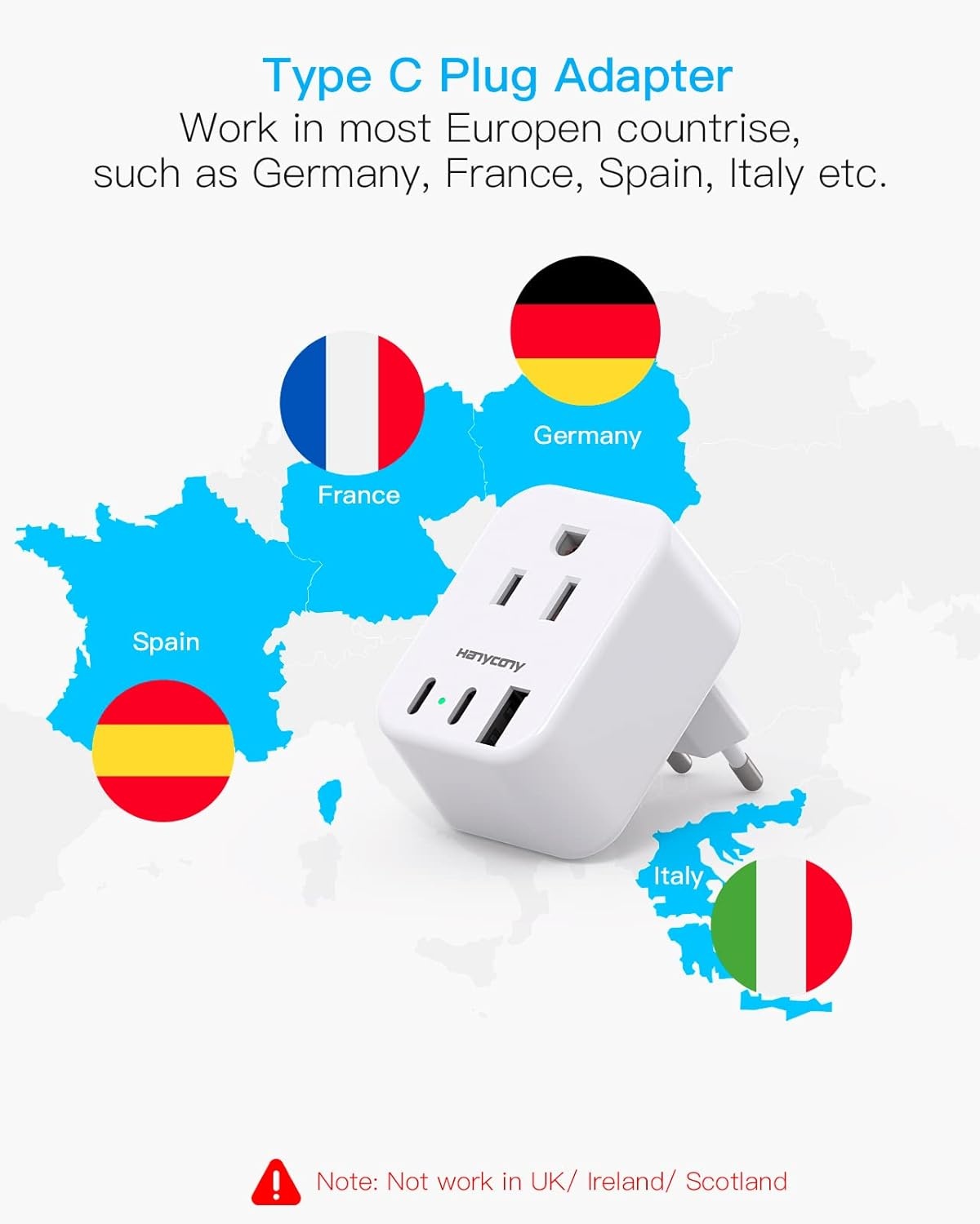 image:imageEuropean Travel Plug Adapter for International HANYCONY Italy Spain Power Adapter 2 Outlets 2 USB C Ports Type C Adapter Travel Cruise Essentials for US to Most Europe France Germany EU 2 Pack