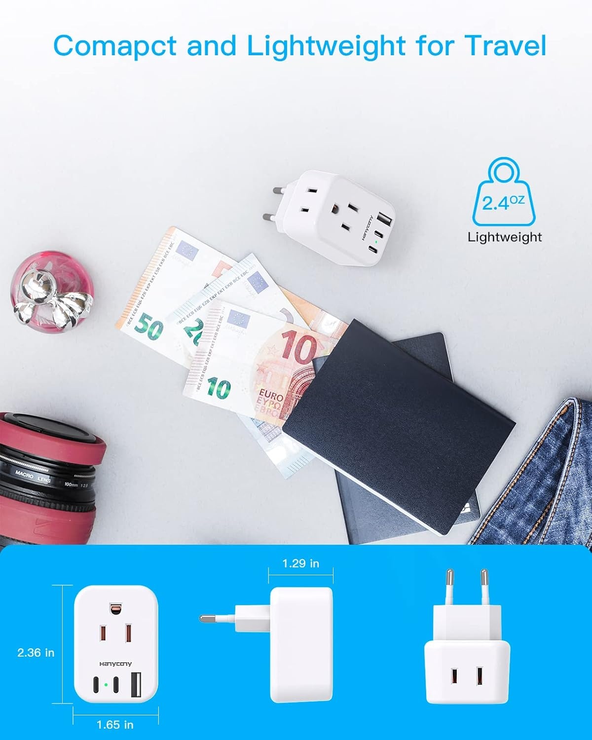 image:imageEuropean Travel Plug Adapter for International HANYCONY Italy Spain Power Adapter 2 Outlets 2 USB C Ports Type C Adapter Travel Cruise Essentials for US to Most Europe France Germany EU 2 Pack