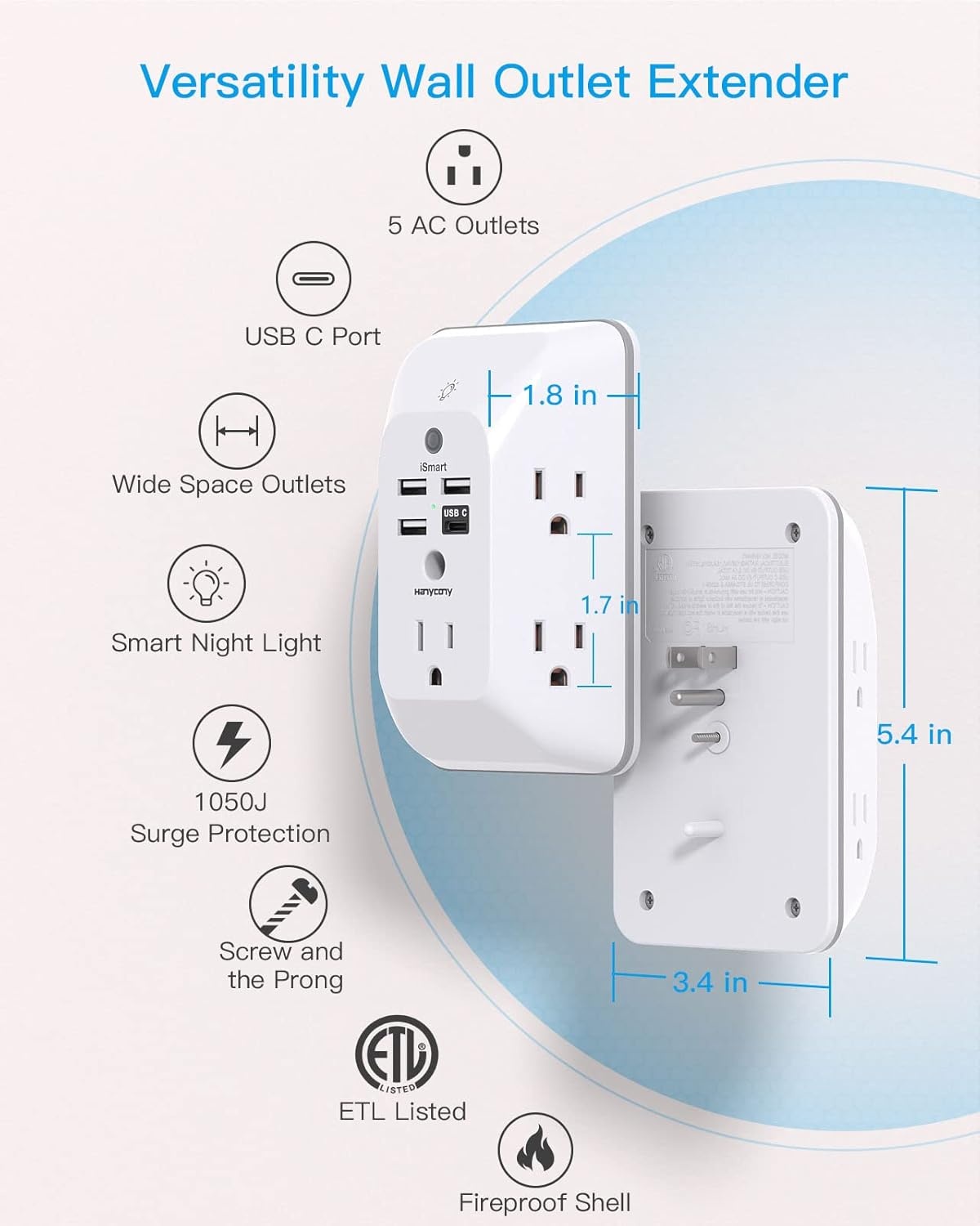image:imageOutlet Extender with Night Light HANYCONY Multi Plug Outlet USB Wall Charger Surge Protector 4 USB Ports1 USB C Power Strip Electrical Outlet Splitter Expander for Home Office Dorm Room ETLWhite