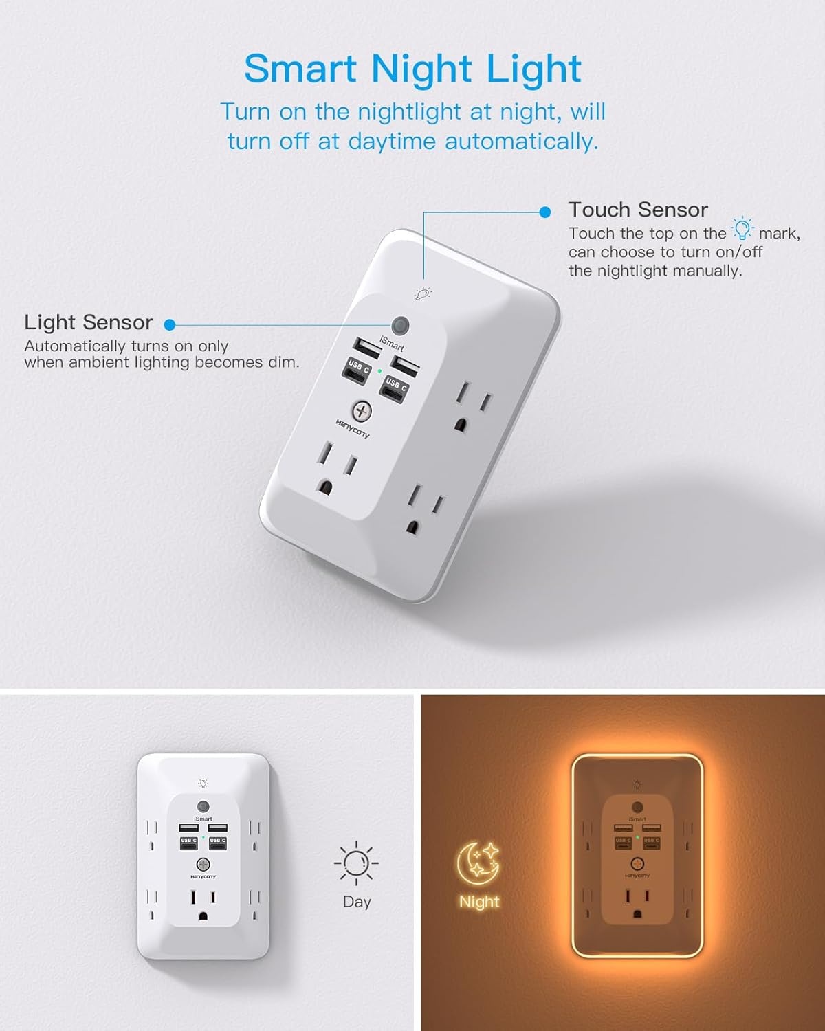 image:imageOutlet Extender with Night Light HANYCONY Multi Plug Outlet USB Wall Charger Surge Protector 4 USB Ports1 USB C Power Strip Electrical Outlet Splitter Expander for Home Office Dorm Room ETLWhite