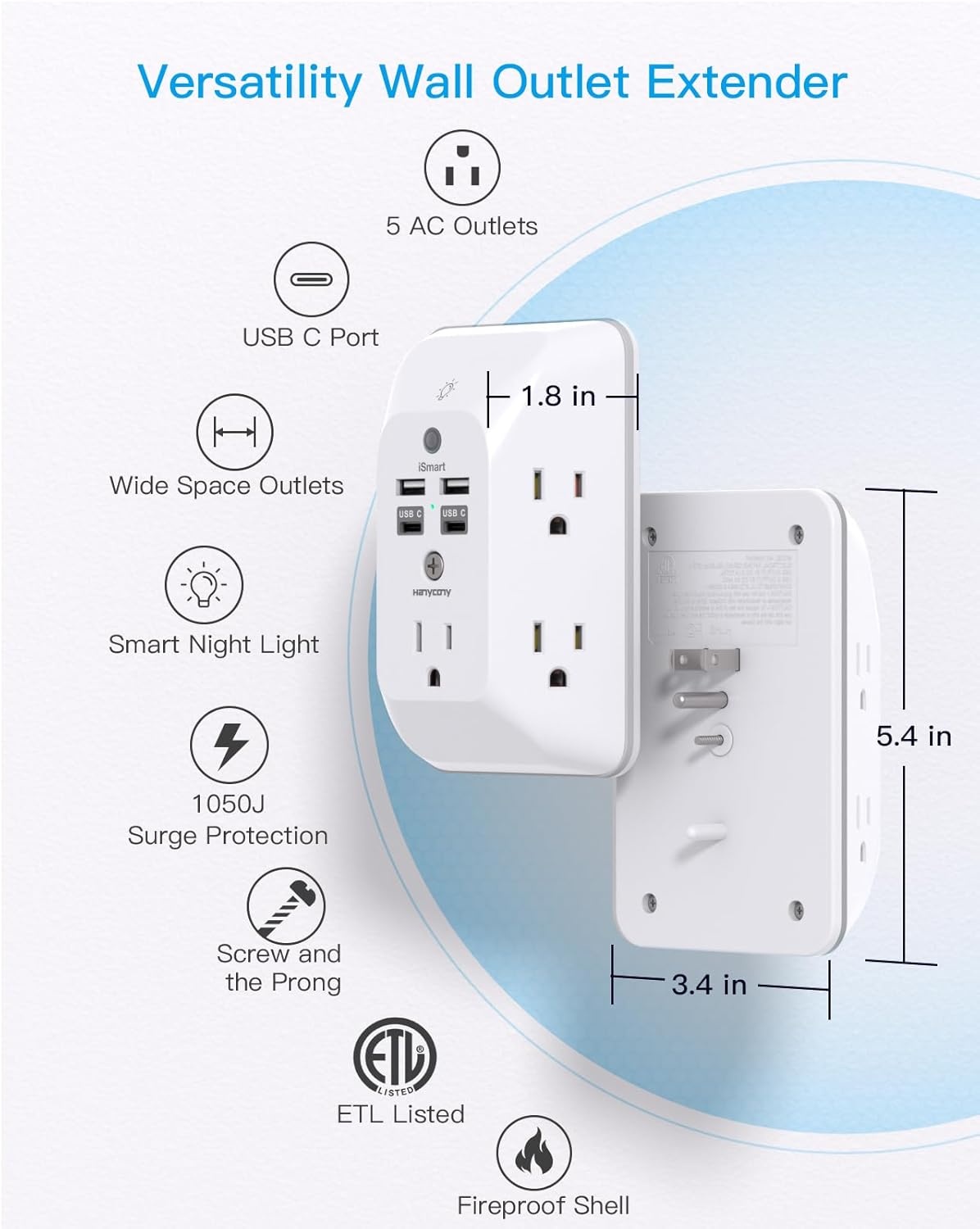 image:imageOutlet Extender with Night Light HANYCONY Multi Plug Outlet USB Wall Charger Surge Protector 4 USB Ports1 USB C Power Strip Electrical Outlet Splitter Expander for Home Office Dorm Room ETLWhite