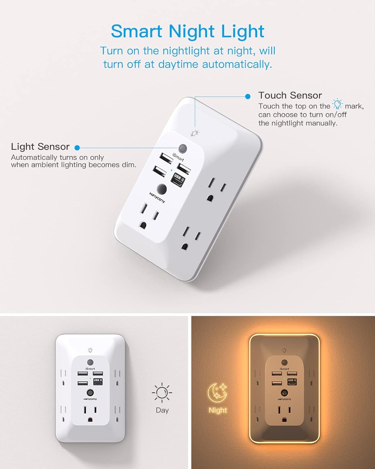 image:imageOutlet Extender with Night Light HANYCONY Multi Plug Outlet USB Wall Charger Surge Protector 4 USB Ports1 USB C Power Strip Electrical Outlet Splitter Expander for Home Office Dorm Room ETLWhite