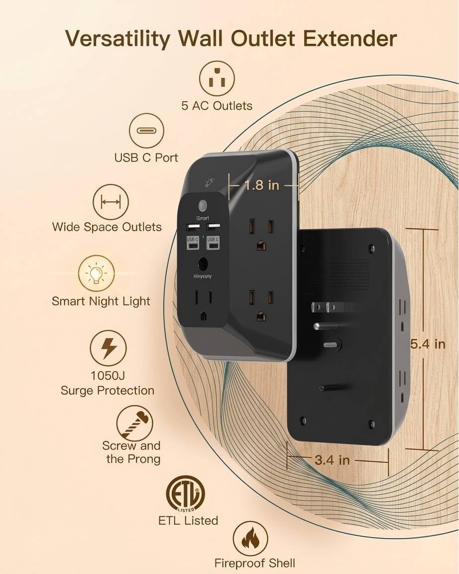 image:imageOutlet Extender with Night Light HANYCONY Multi Plug Outlet USB Wall Charger Surge Protector 4 USB Ports1 USB C Power Strip Electrical Outlet Splitter Expander for Home Office Dorm Room ETLBlack