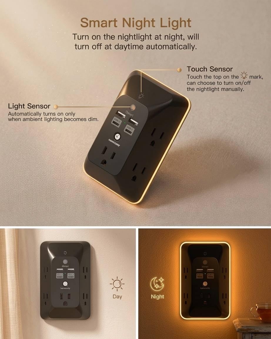 image:imageOutlet Extender with Night Light HANYCONY Multi Plug Outlet USB Wall Charger Surge Protector 4 USB Ports1 USB C Power Strip Electrical Outlet Splitter Expander for Home Office Dorm Room ETLBlack