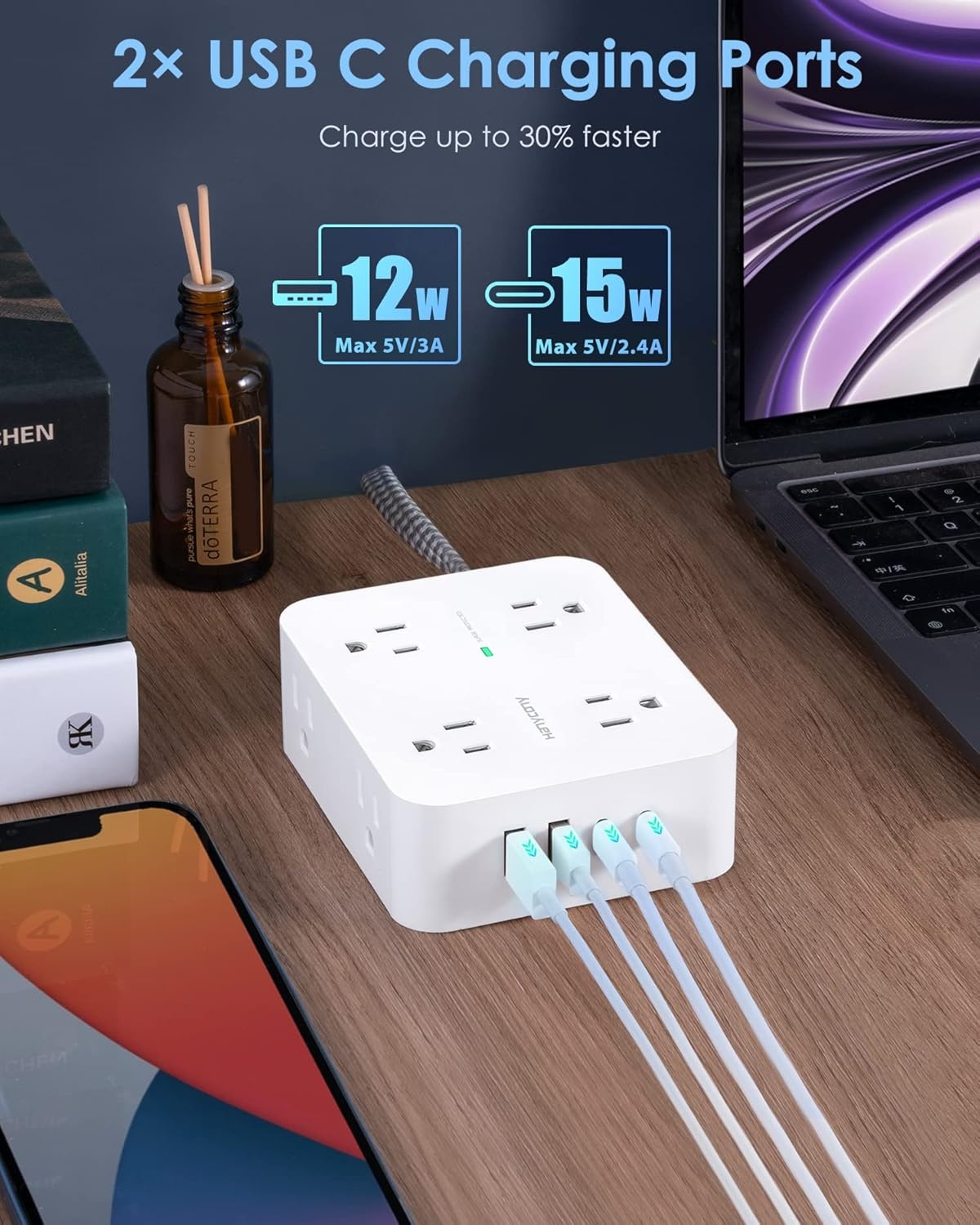 image:imagePD 30W USB C Power Strip Surge Protecor HANYCONY 8 Outlets 4 USB2 USB C Ports 1080J Desk Charging Station for Multiple Devices 6 Ft Flat Plug Extension Cord for College Dorm Room EssentialsWhite