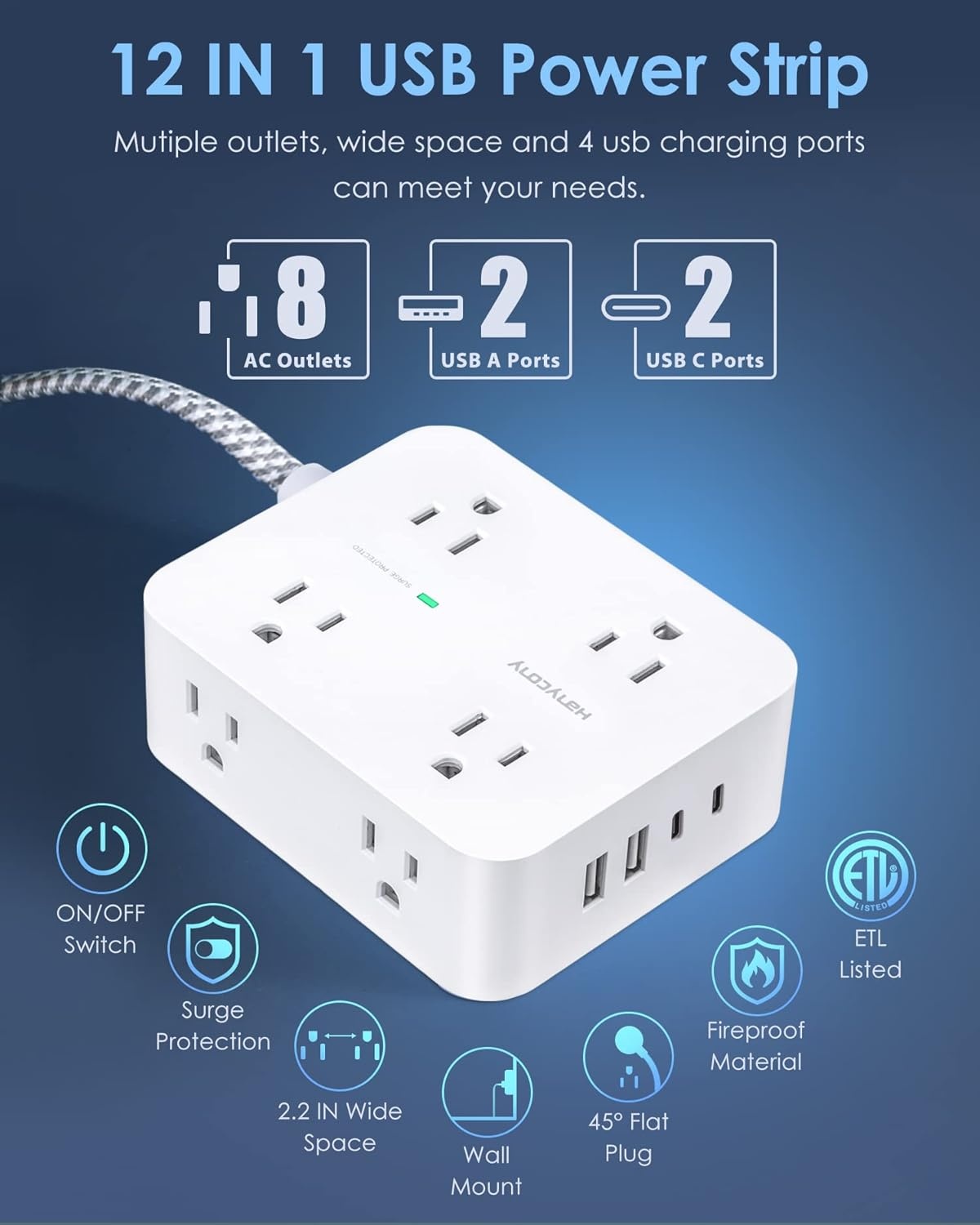 image:imagePD 30W USB C Power Strip Surge Protecor HANYCONY 8 Outlets 4 USB2 USB C Ports 1080J Desk Charging Station for Multiple Devices 6 Ft Flat Plug Extension Cord for College Dorm Room EssentialsWhite
