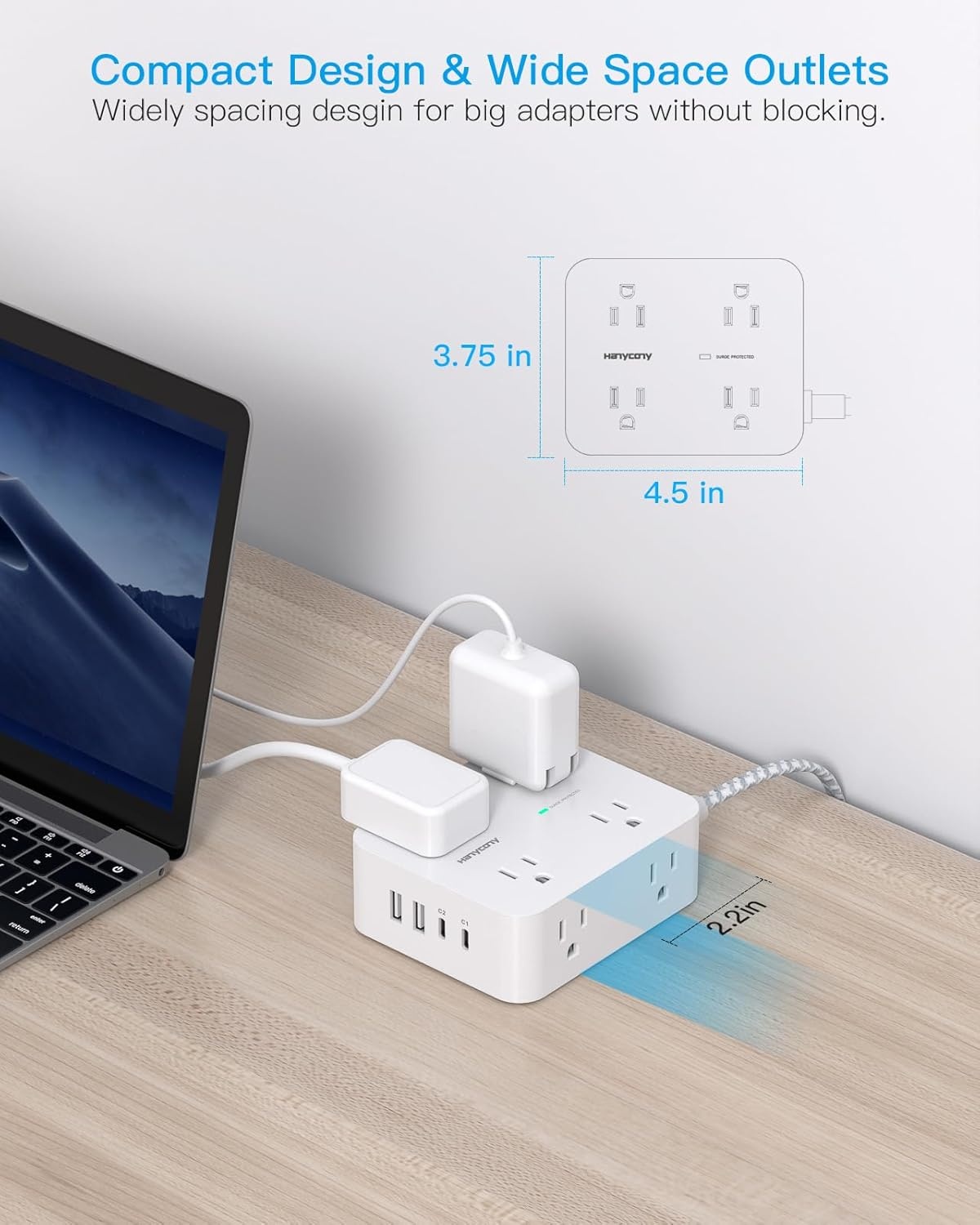 image:imagePD 30W USB C Power Strip Surge Protecor HANYCONY 8 Outlets 4 USB2 USB C Ports 1080J Desk Charging Station for Multiple Devices 6 Ft Flat Plug Extension Cord for College Dorm Room EssentialsWhiteGray