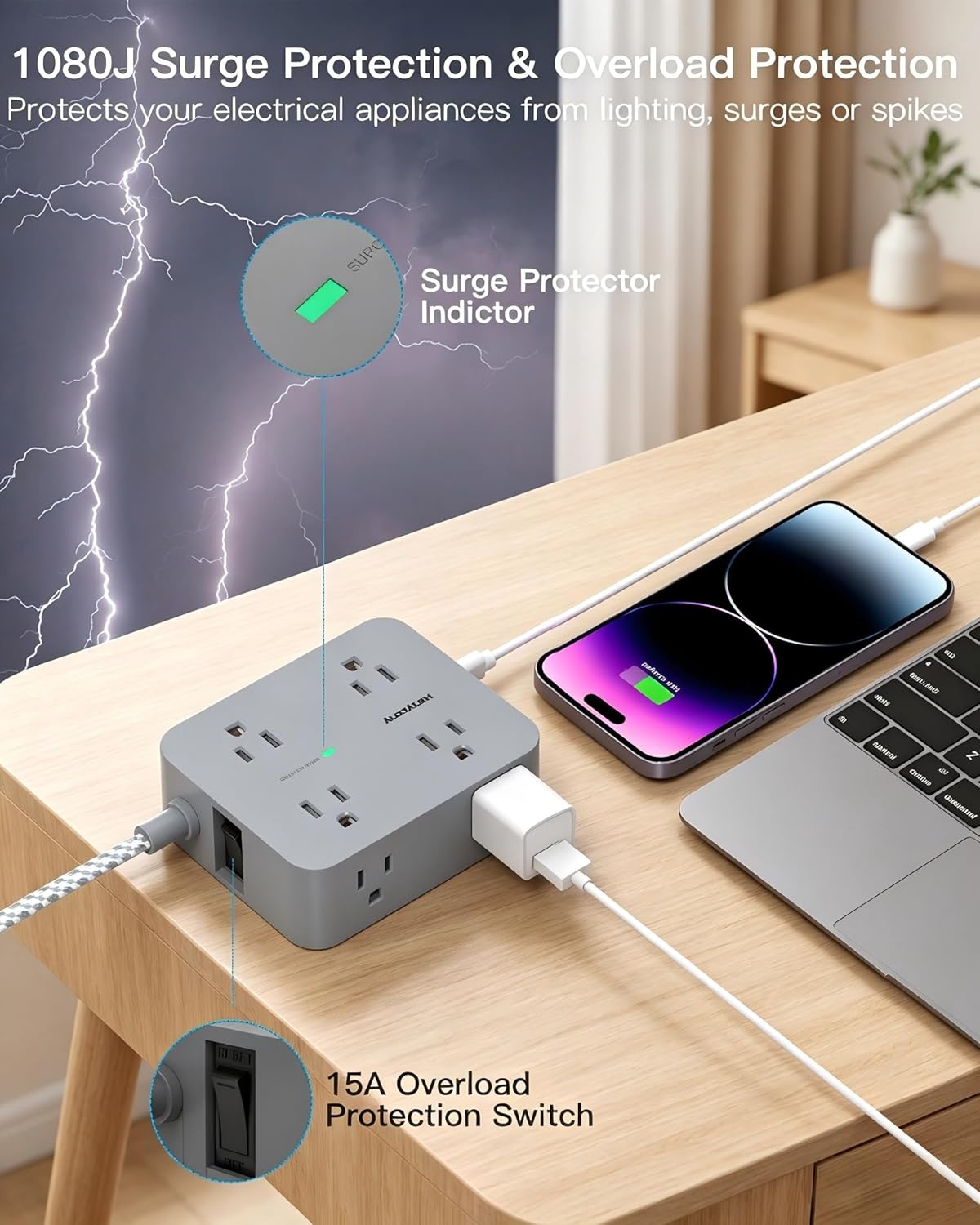 image:imagePD 30W USB C Power Strip Surge Protecor HANYCONY 8 Outlets 4 USB2 USB C Ports 1080J Desk Charging Station for Multiple Devices 6 Ft Flat Plug Extension Cord for College Dorm Room EssentialsGray