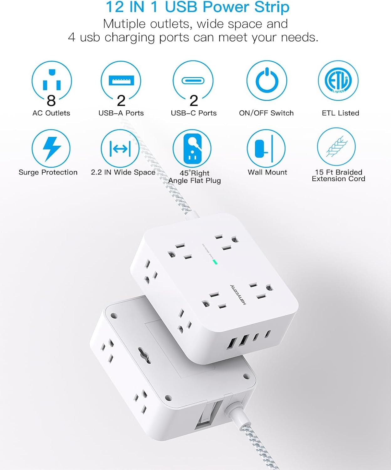 image:imagePD 30W USB C Power Strip Surge Protecor HANYCONY 8 Outlets 4 USB2 USB C Ports 1080J Desk Charging Station for Multiple Devices 6 Ft Flat Plug Extension Cord for College Dorm Room EssentialsWhite