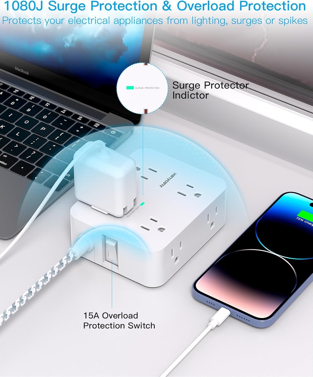 image:imagePD 30W USB C Power Strip Surge Protecor HANYCONY 8 Outlets 4 USB2 USB C Ports 1080J Desk Charging Station for Multiple Devices 6 Ft Flat Plug Extension Cord for College Dorm Room EssentialsWhite