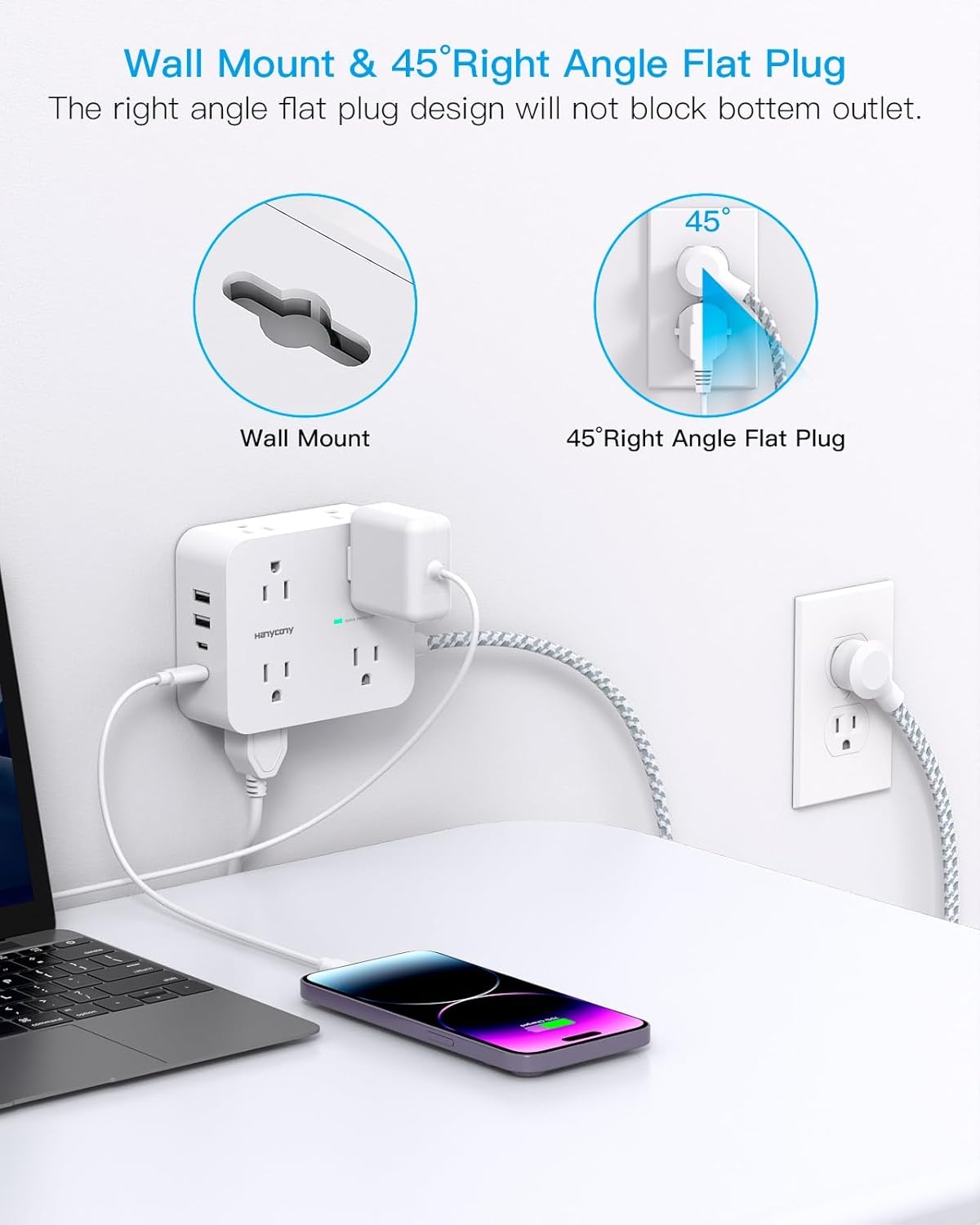image:imagePD 30W USB C Power Strip Surge Protecor HANYCONY 8 Outlets 4 USB2 USB C Ports 1080J Desk Charging Station for Multiple Devices 6 Ft Flat Plug Extension Cord for College Dorm Room EssentialsWhite