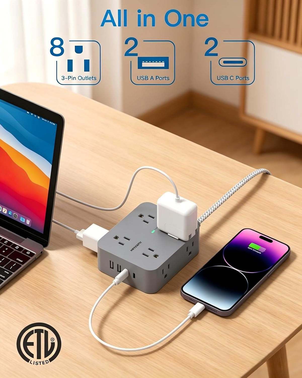 image:imagePD 30W USB C Power Strip Surge Protecor HANYCONY 8 Outlets 4 USB2 USB C Ports 1080J Desk Charging Station for Multiple Devices 6 Ft Flat Plug Extension Cord for College Dorm Room EssentialsGray