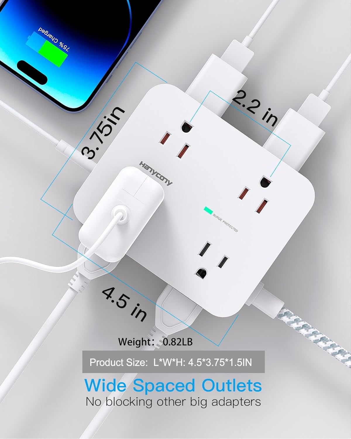 image:imagePD 30W USB C Power Strip Surge Protecor HANYCONY 8 Outlets 4 USB2 USB C Ports 1080J Desk Charging Station for Multiple Devices 6 Ft Flat Plug Extension Cord for College Dorm Room EssentialsWhite