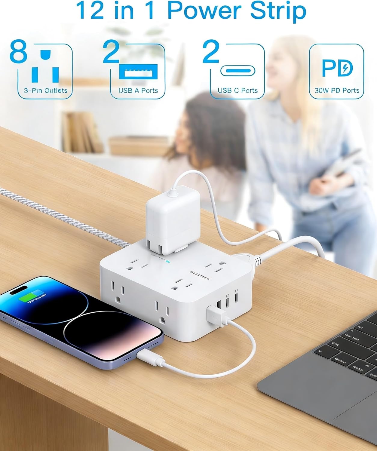 image:imagePD 30W USB C Power Strip Surge Protecor HANYCONY 8 Outlets 4 USB2 USB C Ports 1080J Desk Charging Station for Multiple Devices 6 Ft Flat Plug Extension Cord for College Dorm Room EssentialsWhiteGray