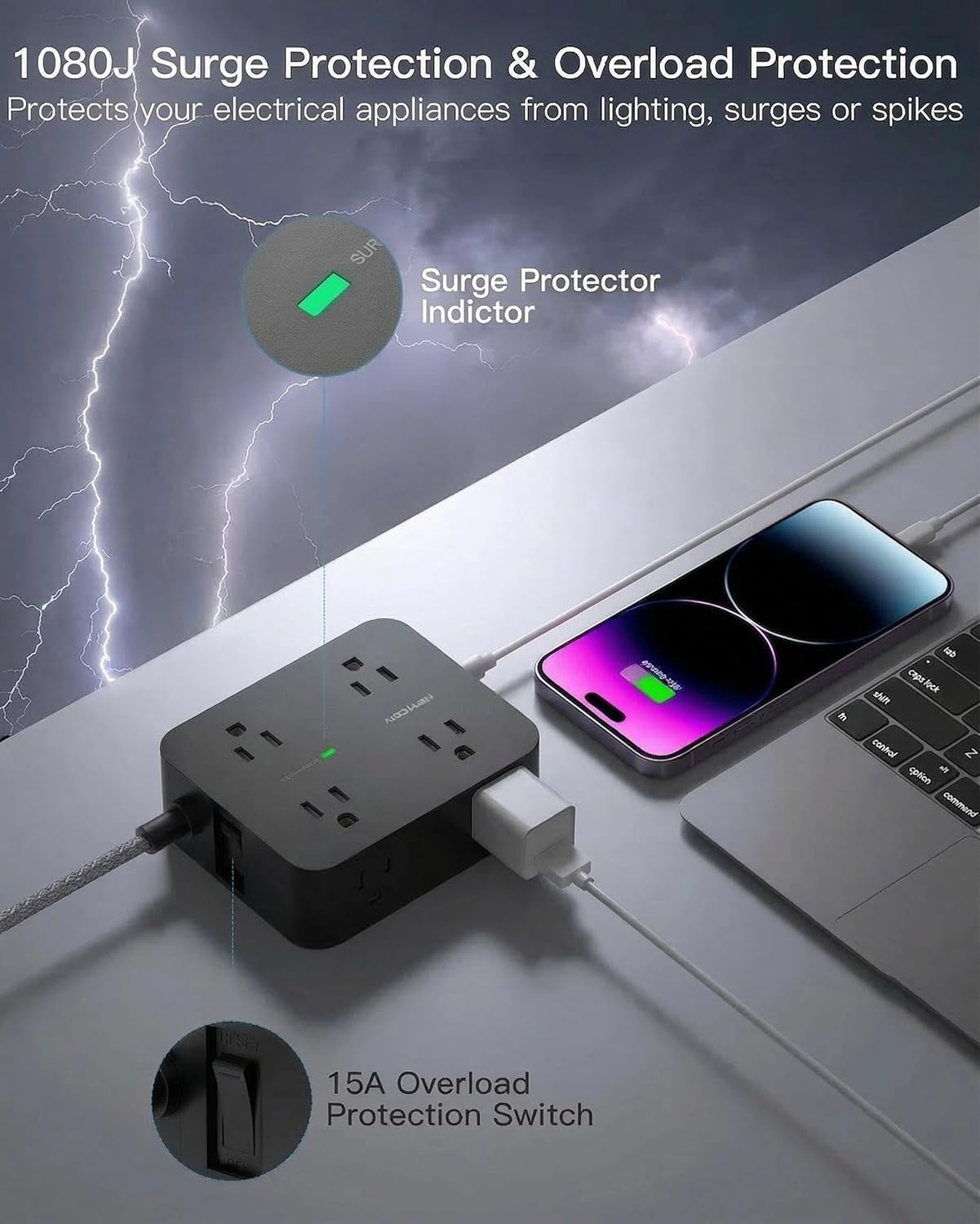 image:imagePD 30W USB C Power Strip Surge Protecor HANYCONY 8 Outlets 4 USB2 USB C Ports 1080J Desk Charging Station for Multiple Devices 6 Ft Flat Plug Extension Cord for College Dorm Room EssentialsBlack