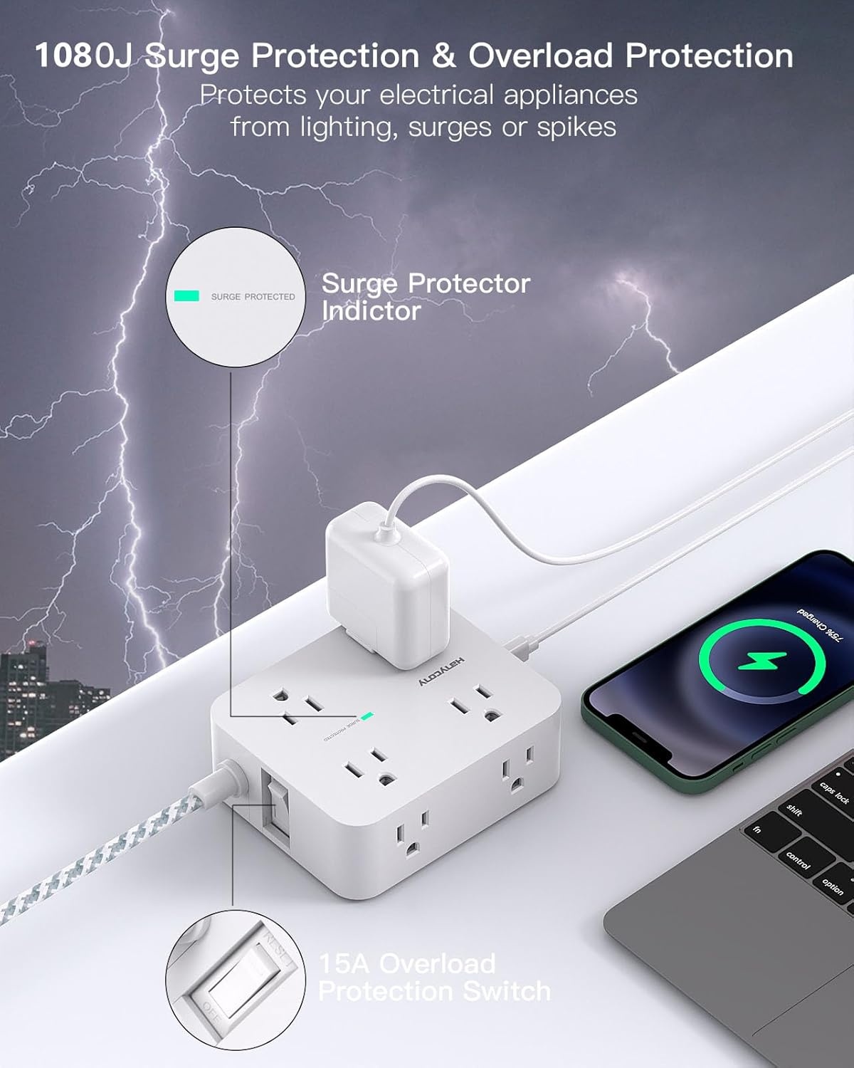 image:imagePD 30W USB C Power Strip Surge Protecor HANYCONY 8 Outlets 4 USB2 USB C Ports 1080J Desk Charging Station for Multiple Devices 6 Ft Flat Plug Extension Cord for College Dorm Room EssentialsWhite
