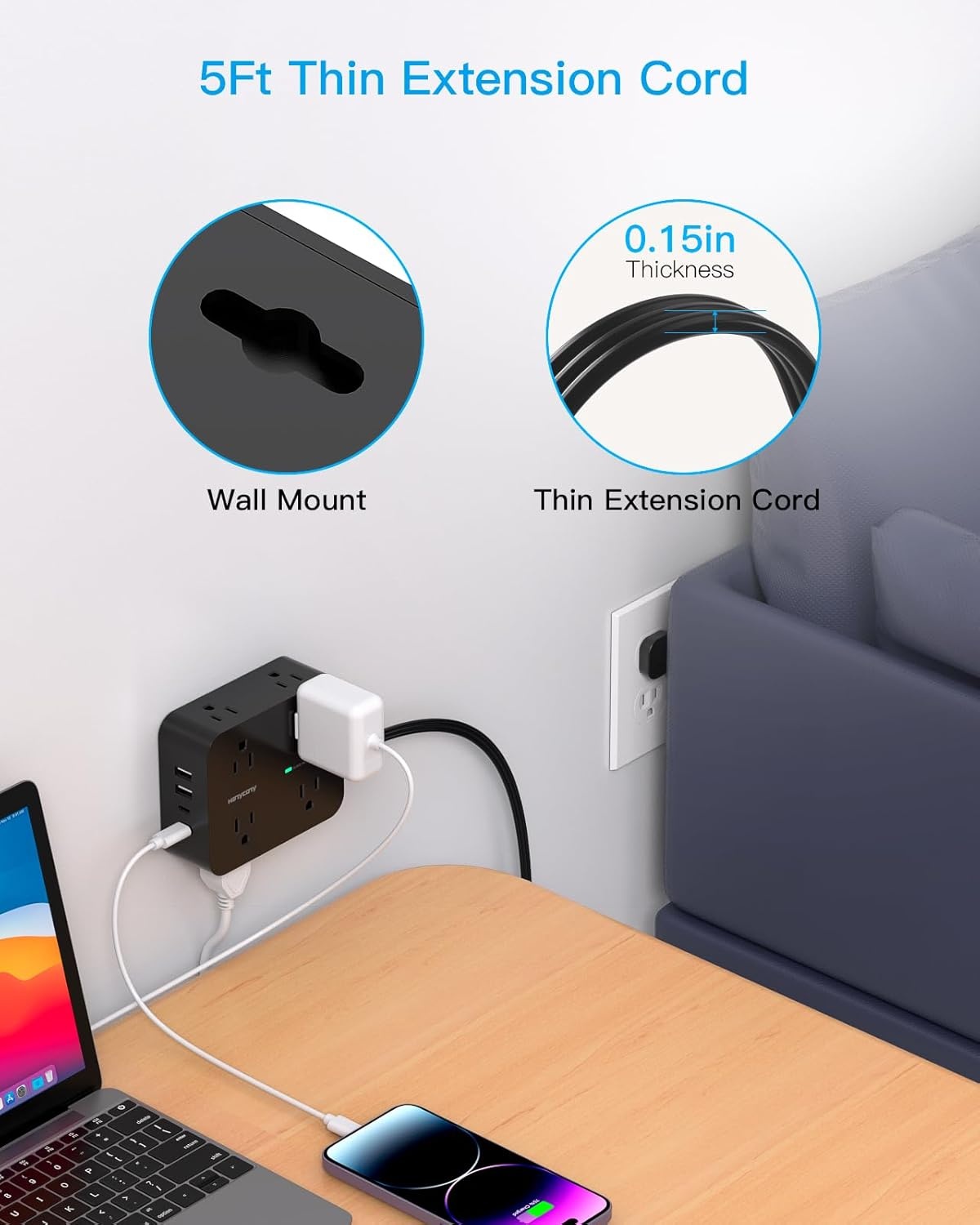 image:imagePower Strip Surge Protector Extension Cord with 8 Widely Spaced AC Outlets amp 4 USB Ports 2 USB C 5 Ft Heavy Duty Round Power Cord 1080 Joules Wall Mount Charging Station for Home Office Desk5Ft