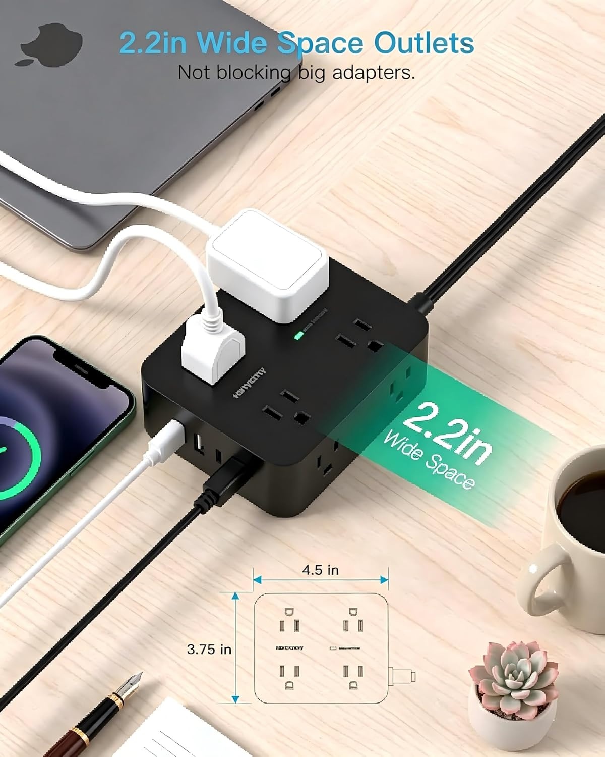 image:imagePower Strip Surge Protector Extension Cord with 8 Widely Spaced AC Outlets amp 4 USB Ports 2 USB C 5 Ft Heavy Duty Round Power Cord 1080 Joules Wall Mount Charging Station for Home Office Desk15Ft