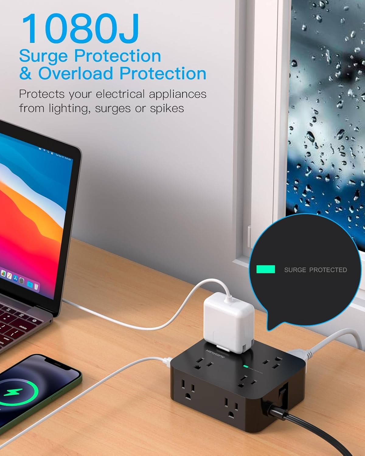 image:imagePower Strip Surge Protector Extension Cord with 8 Widely Spaced AC Outlets amp 4 USB Ports 2 USB C 5 Ft Heavy Duty Round Power Cord 1080 Joules Wall Mount Charging Station for Home Office Desk5Ft