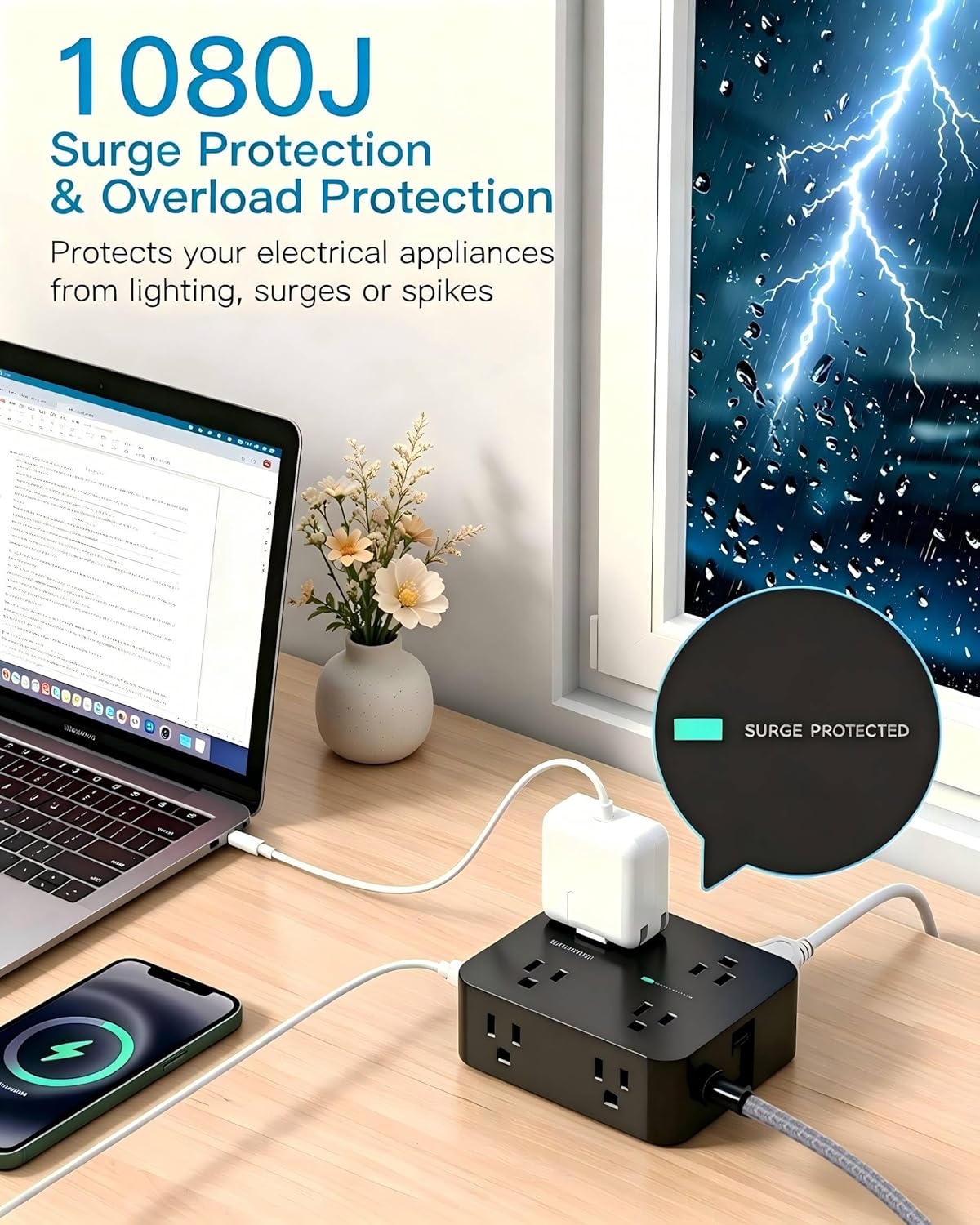 image:imagePower Strip Surge Protector Extension Cord with 8 Widely Spaced AC Outlets amp 4 USB Ports 2 USB C 5 Ft Heavy Duty Round Power Cord 1080 Joules Wall Mount Charging Station for Home Office Desk10Ft