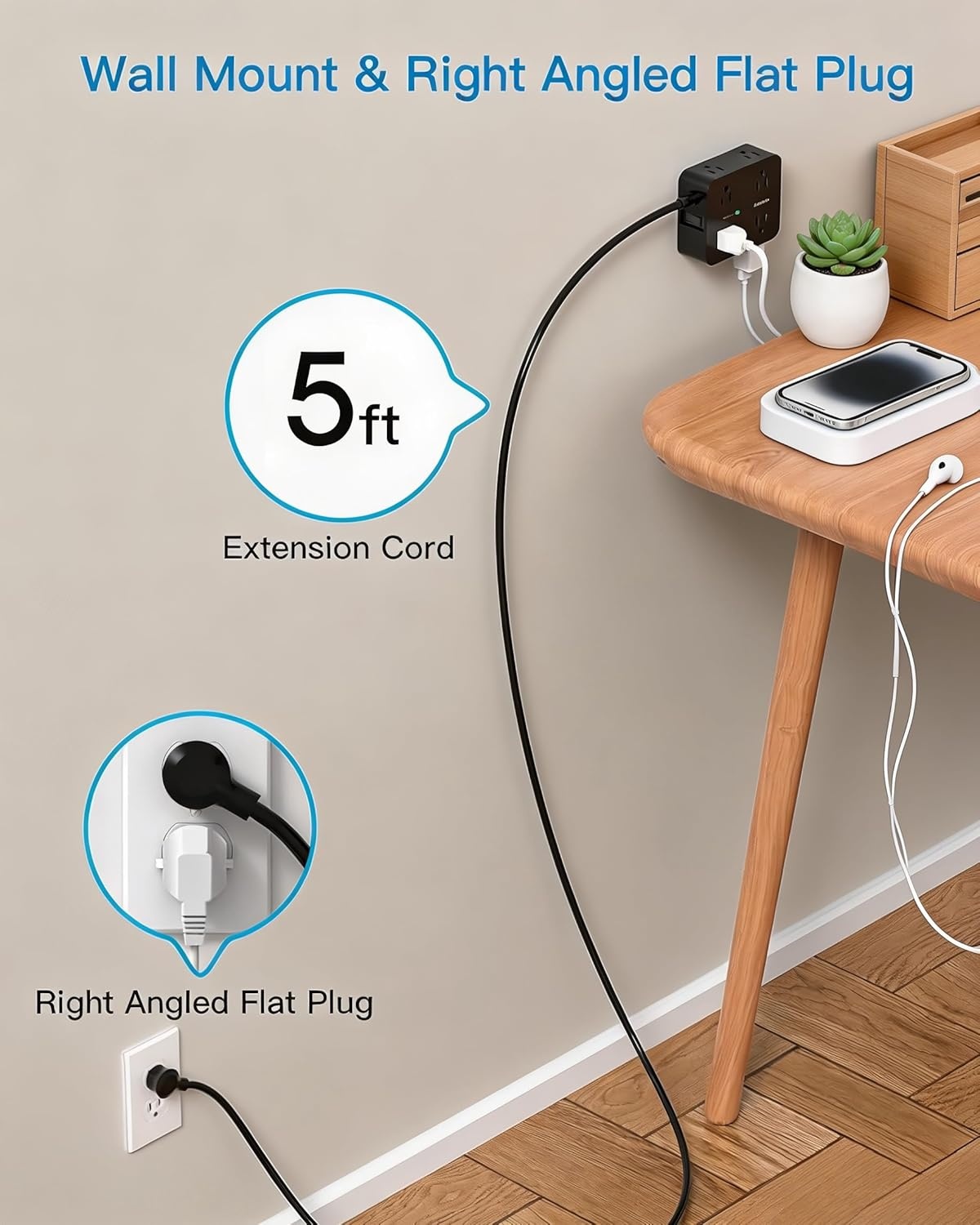 image:imagePower Strip Surge Protector Extension Cord with 8 Widely Spaced AC Outlets amp 4 USB Ports 2 USB C 5 Ft Heavy Duty Round Power Cord 1080 Joules Wall Mount Charging Station for Home Office Desk5Ft