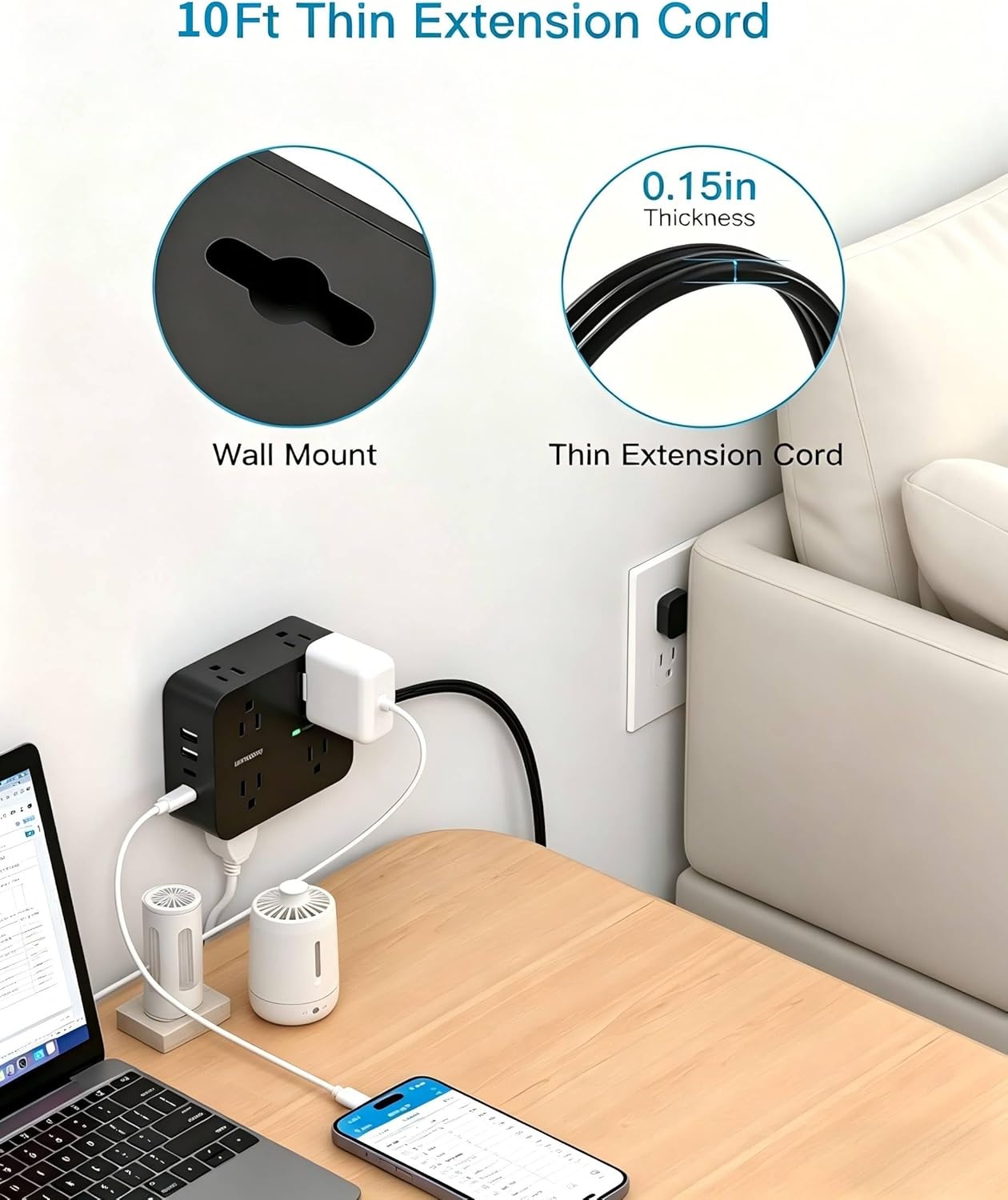 image:imagePower Strip Surge Protector Extension Cord with 8 Widely Spaced AC Outlets amp 4 USB Ports 2 USB C 5 Ft Heavy Duty Round Power Cord 1080 Joules Wall Mount Charging Station for Home Office Desk10Ft