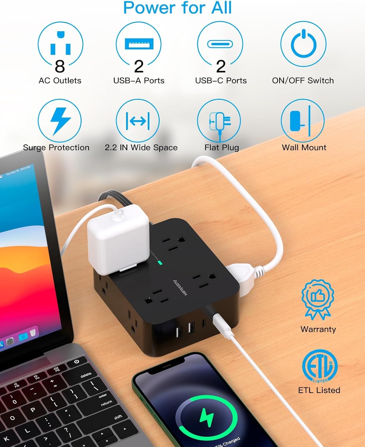 image:imagePower Strip Surge Protector Extension Cord with 8 Widely Spaced AC Outlets amp 4 USB Ports 2 USB C 5 Ft Heavy Duty Round Power Cord 1080 Joules Wall Mount Charging Station for Home Office Desk5Ft