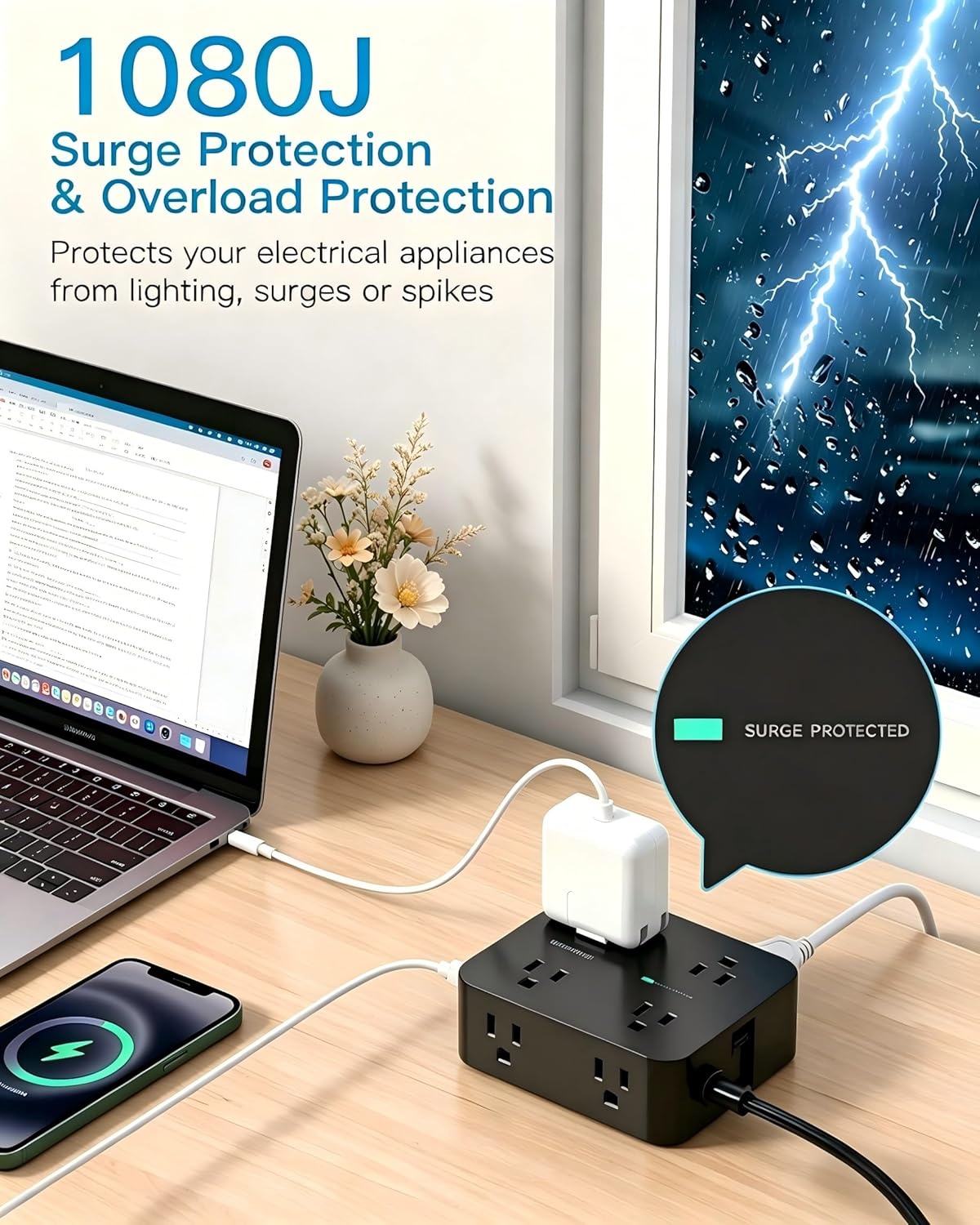 image:imagePower Strip Surge Protector Extension Cord with 8 Widely Spaced AC Outlets amp 4 USB Ports 2 USB C 5 Ft Heavy Duty Round Power Cord 1080 Joules Wall Mount Charging Station for Home Office Desk10Ft