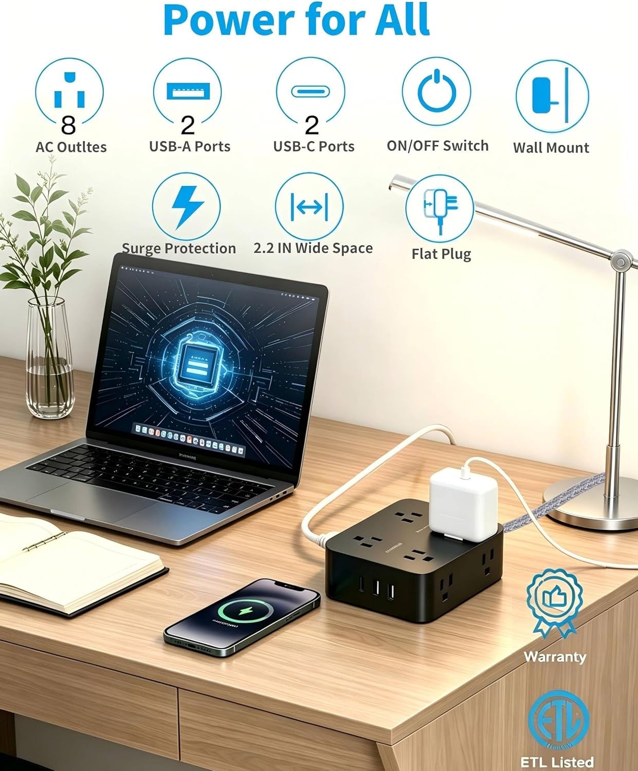 image:imagePower Strip Surge Protector Extension Cord with 8 Widely Spaced AC Outlets amp 4 USB Ports 2 USB C 5 Ft Heavy Duty Round Power Cord 1080 Joules Wall Mount Charging Station for Home Office Desk10Ft