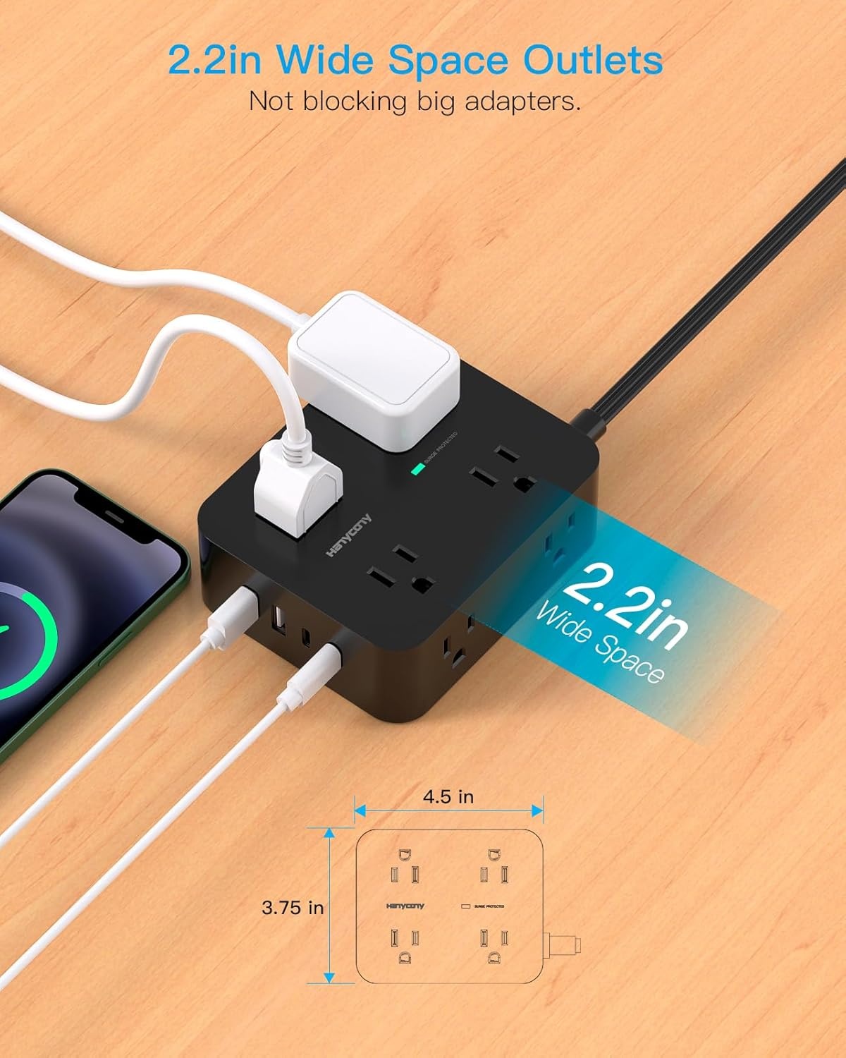 image:imagePower Strip Surge Protector Extension Cord with 8 Widely Spaced AC Outlets amp 4 USB Ports 2 USB C 5 Ft Heavy Duty Round Power Cord 1080 Joules Wall Mount Charging Station for Home Office Desk5Ft