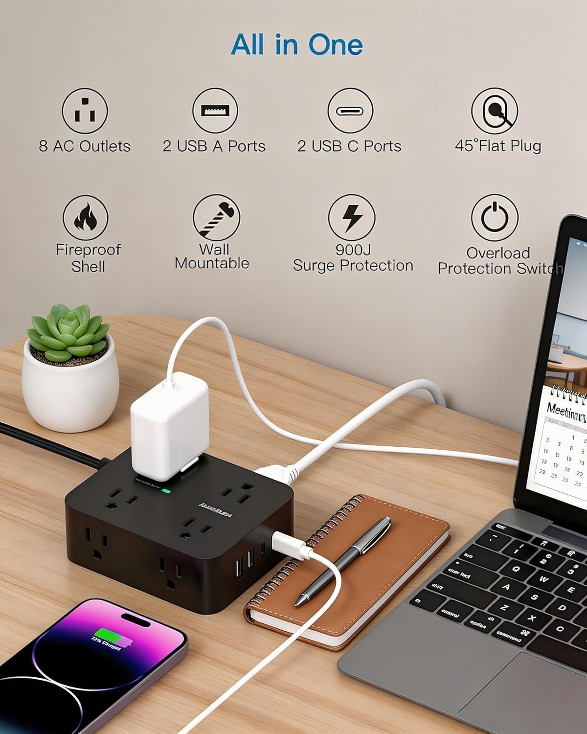 image:imagePower Strip Surge Protector Extension Cord with 8 Widely Spaced AC Outlets amp 4 USB Ports 2 USB C 5 Ft Heavy Duty Round Power Cord 1080 Joules Wall Mount Charging Station for Home Office Desk5Ft