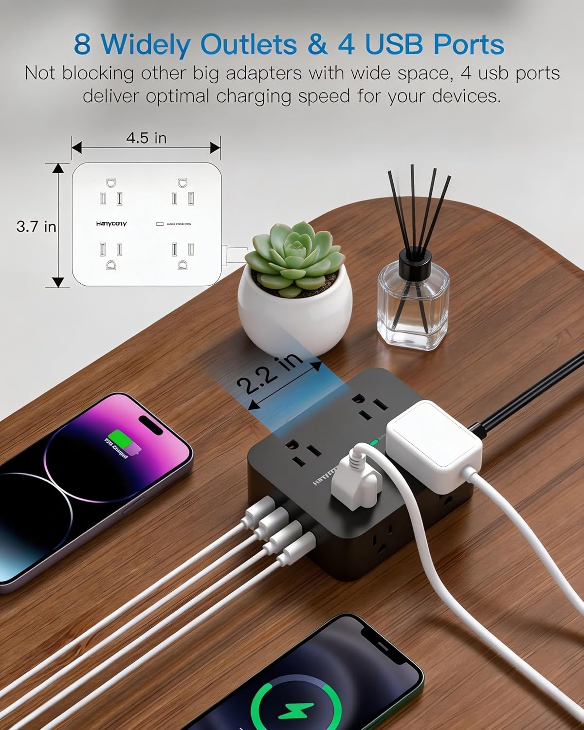 image:imagePower Strip Surge Protector Extension Cord with 8 Widely Spaced AC Outlets amp 4 USB Ports 2 USB C 5 Ft Heavy Duty Round Power Cord 1080 Joules Wall Mount Charging Station for Home Office Desk5Ft