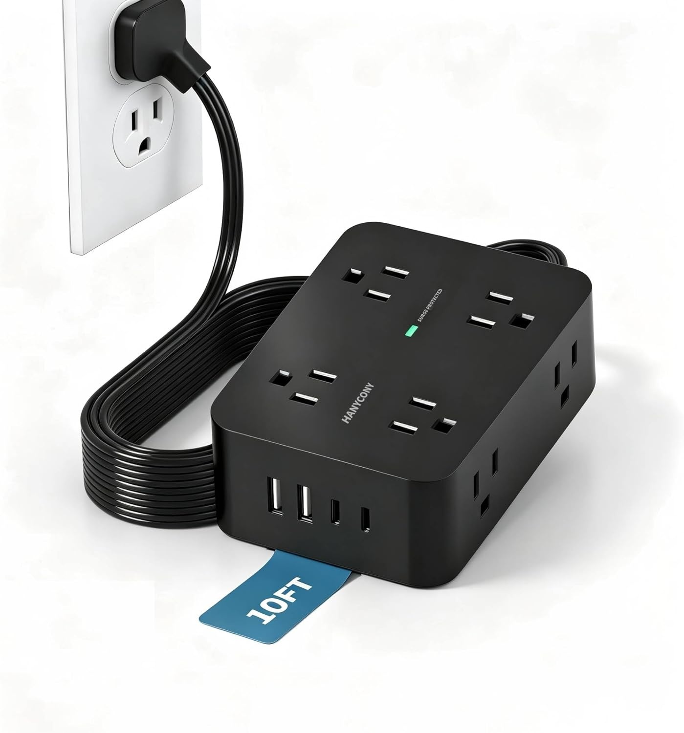 image:imagePower Strip Surge Protector Extension Cord with 8 Widely Spaced AC Outlets amp 4 USB Ports 2 USB C 5 Ft Heavy Duty Round Power Cord 1080 Joules Wall Mount Charging Station for Home Office Desk10Ft