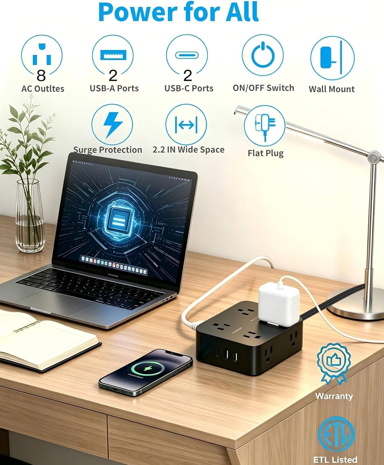 image:imagePower Strip Surge Protector Extension Cord with 8 Widely Spaced AC Outlets amp 4 USB Ports 2 USB C 5 Ft Heavy Duty Round Power Cord 1080 Joules Wall Mount Charging Station for Home Office Desk15Ft