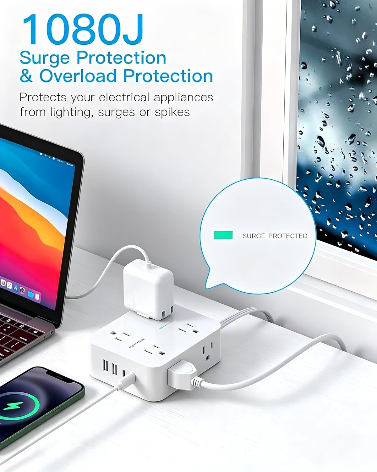 image:imageSurge Protector Power Strip HANYCONY Extension Cord with Multiple Outlets 5 Ft Ultra Thin Flat Plug 8 Outlets 4 USB Ports2USB C 1080J Outlet Extender for Home Office College Dorm Room Essentials25Ft