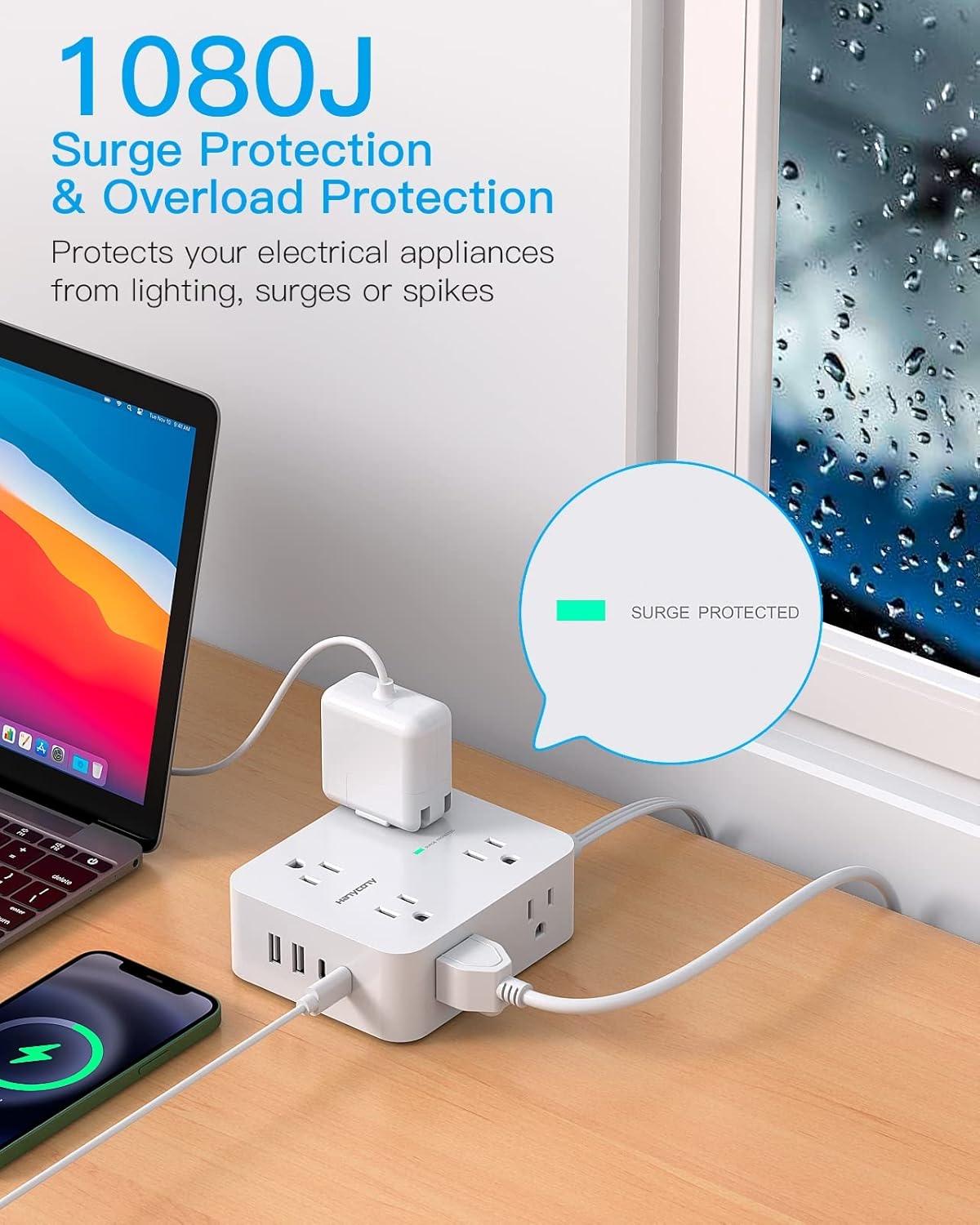 image:imageSurge Protector Power Strip HANYCONY Extension Cord with Multiple Outlets 5 Ft Ultra Thin Flat Plug 8 Outlets 4 USB Ports2USB C 1080J Outlet Extender for Home Office College Dorm Room Essentials10Ft