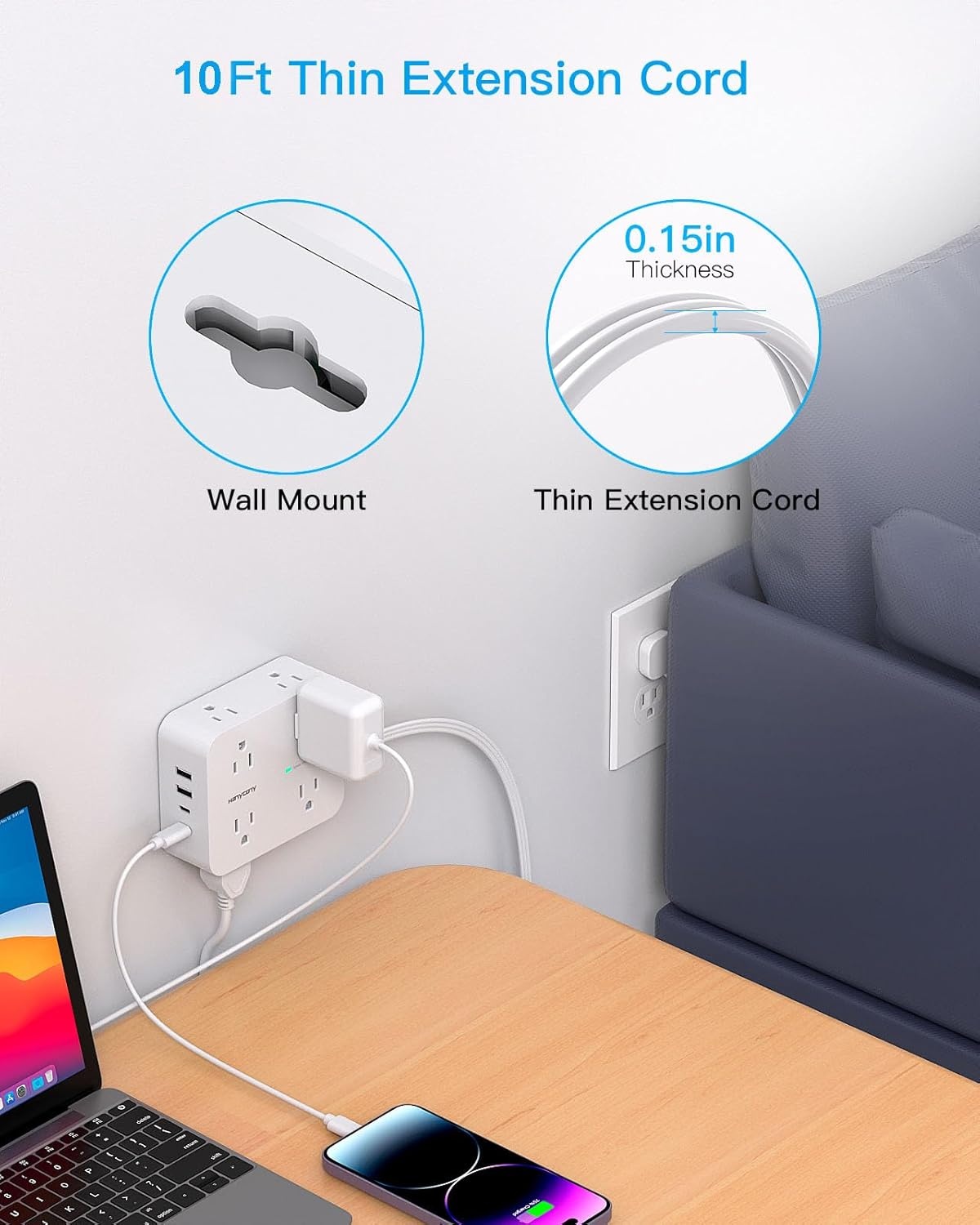 image:imageSurge Protector Power Strip HANYCONY Extension Cord with Multiple Outlets 5 Ft Ultra Thin Flat Plug 8 Outlets 4 USB Ports2USB C 1080J Outlet Extender for Home Office College Dorm Room Essentials10Ft