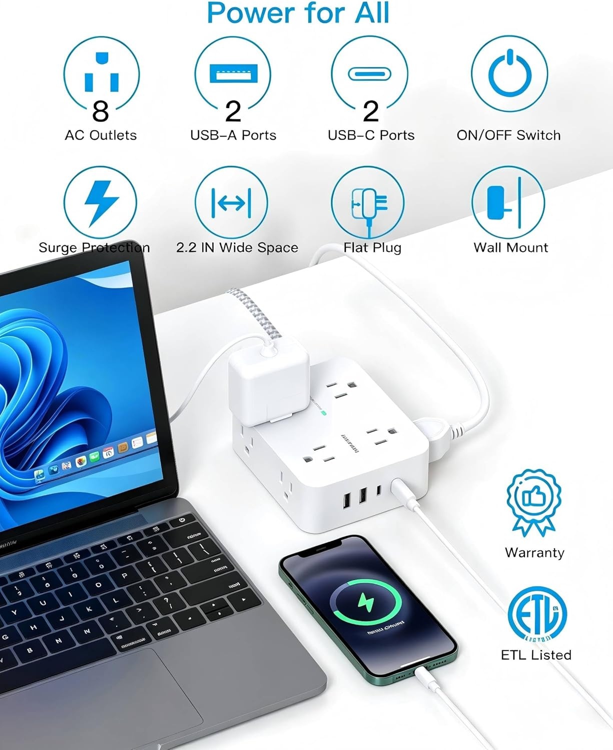 image:imageSurge Protector Power Strip HANYCONY Extension Cord with Multiple Outlets 5 Ft Ultra Thin Flat Plug 8 Outlets 4 USB Ports2USB C 1080J Outlet Extender for Home Office College Dorm Room Essentials10Ft