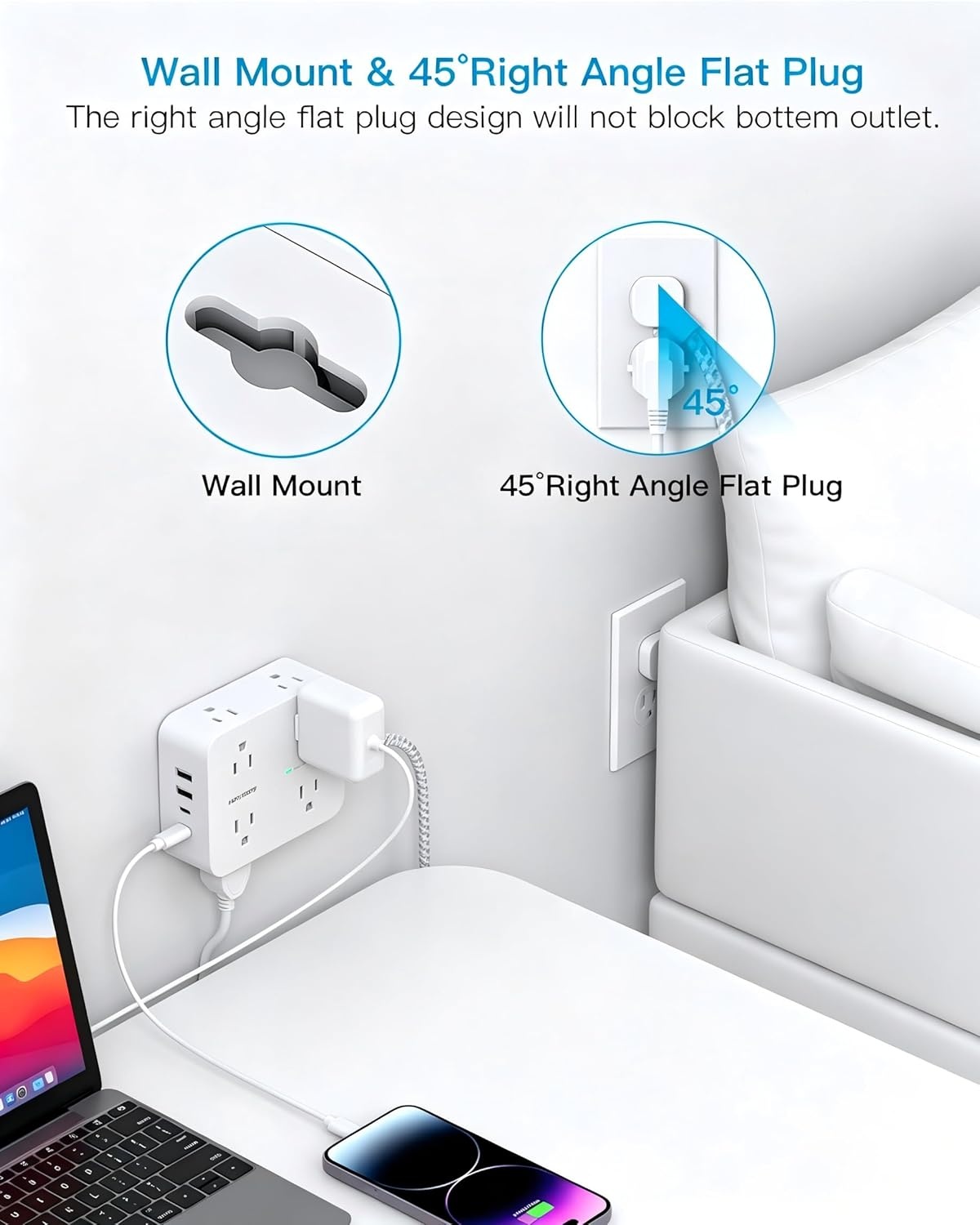 image:imageSurge Protector Power Strip HANYCONY Extension Cord with Multiple Outlets 5 Ft Ultra Thin Flat Plug 8 Outlets 4 USB Ports2USB C 1080J Outlet Extender for Home Office College Dorm Room Essentials10Ft