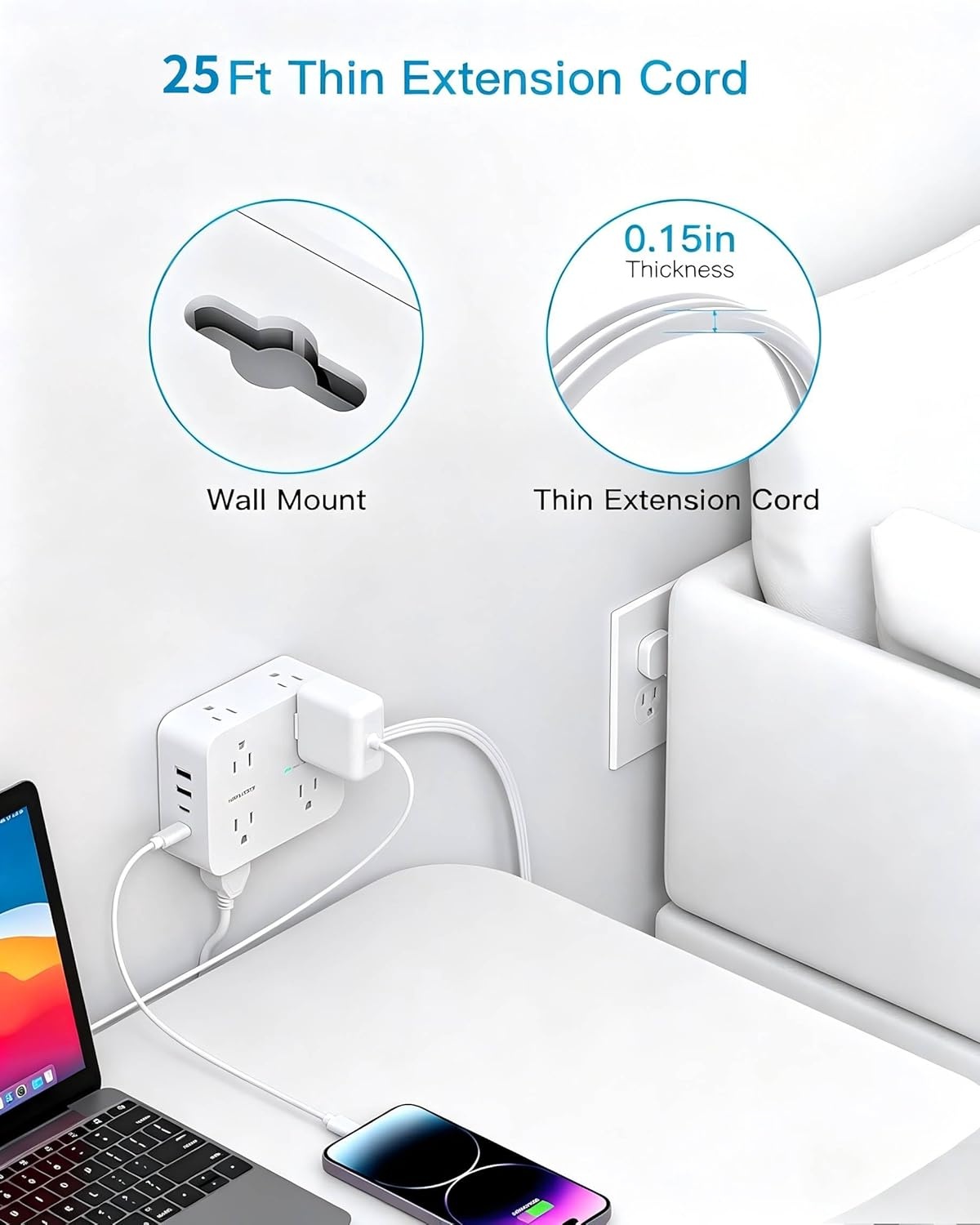 image:imageSurge Protector Power Strip HANYCONY Extension Cord with Multiple Outlets 5 Ft Ultra Thin Flat Plug 8 Outlets 4 USB Ports2USB C 1080J Outlet Extender for Home Office College Dorm Room Essentials25Ft