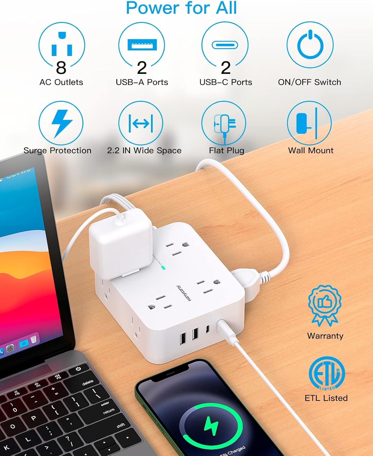 image:imageSurge Protector Power Strip HANYCONY Extension Cord with Multiple Outlets 5 Ft Ultra Thin Flat Plug 8 Outlets 4 USB Ports2USB C 1080J Outlet Extender for Home Office College Dorm Room Essentials10Ft